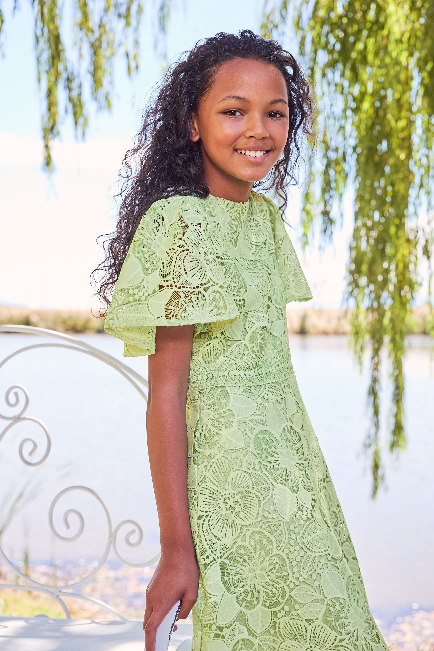 Green Flutter Sleeve Lace Occasion Dress