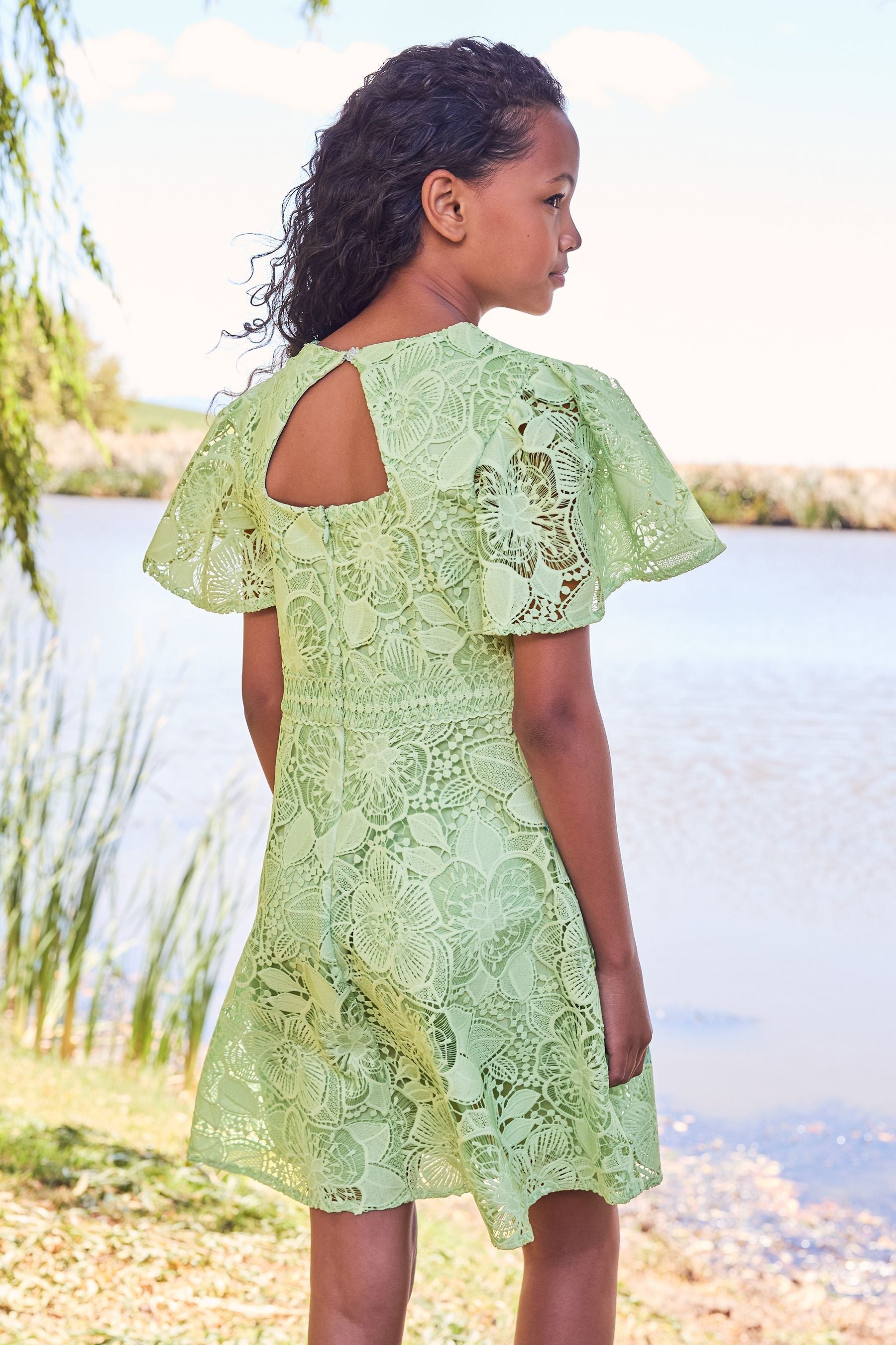 Green Flutter Sleeve Lace Occasion Dress