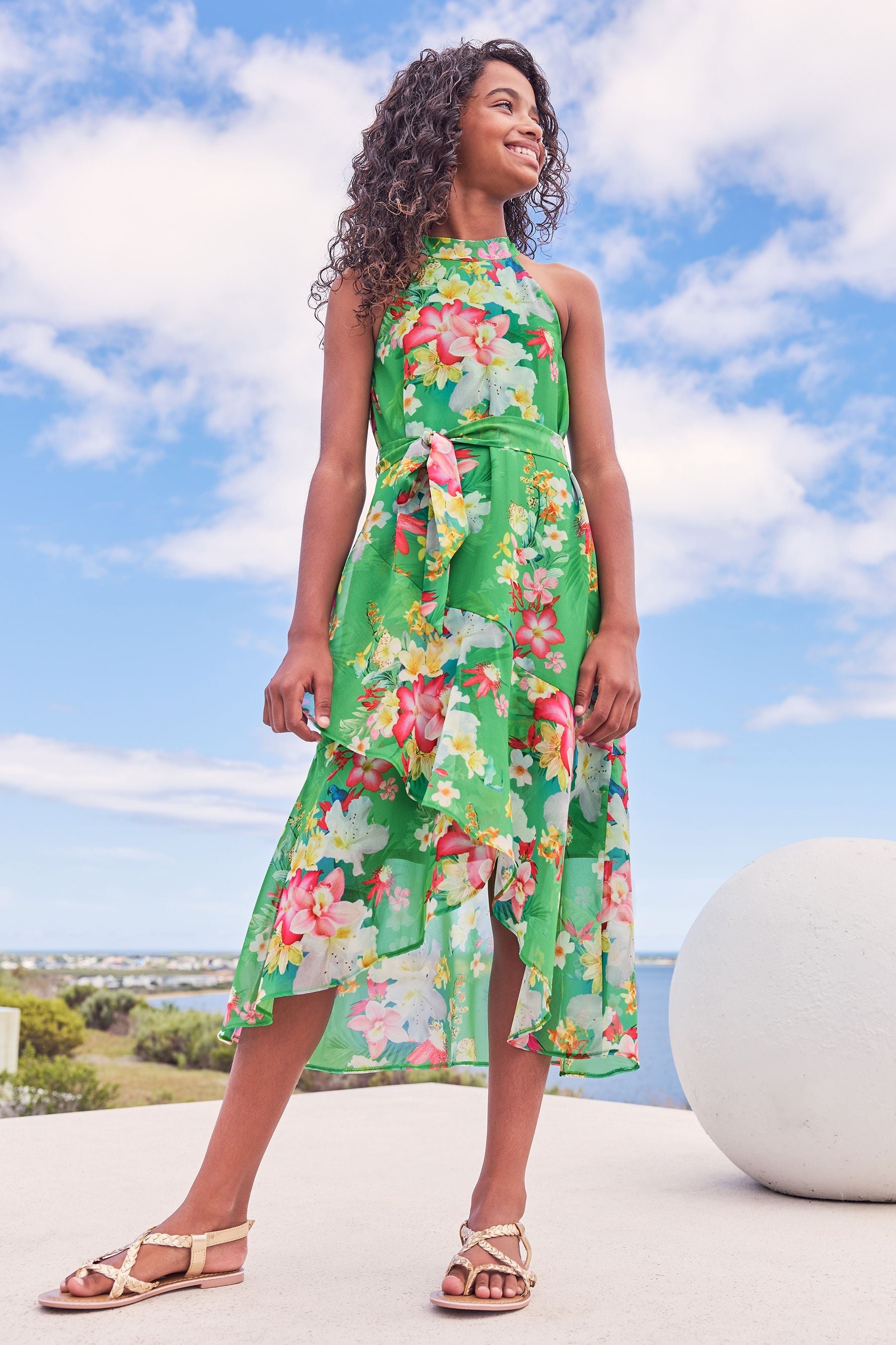 Green Printed Halter Tie Waist Maxi Dress