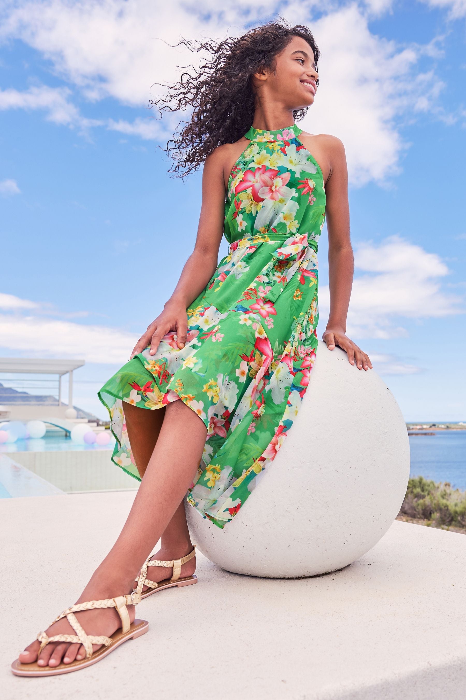 Green Printed Halter Tie Waist Maxi Dress