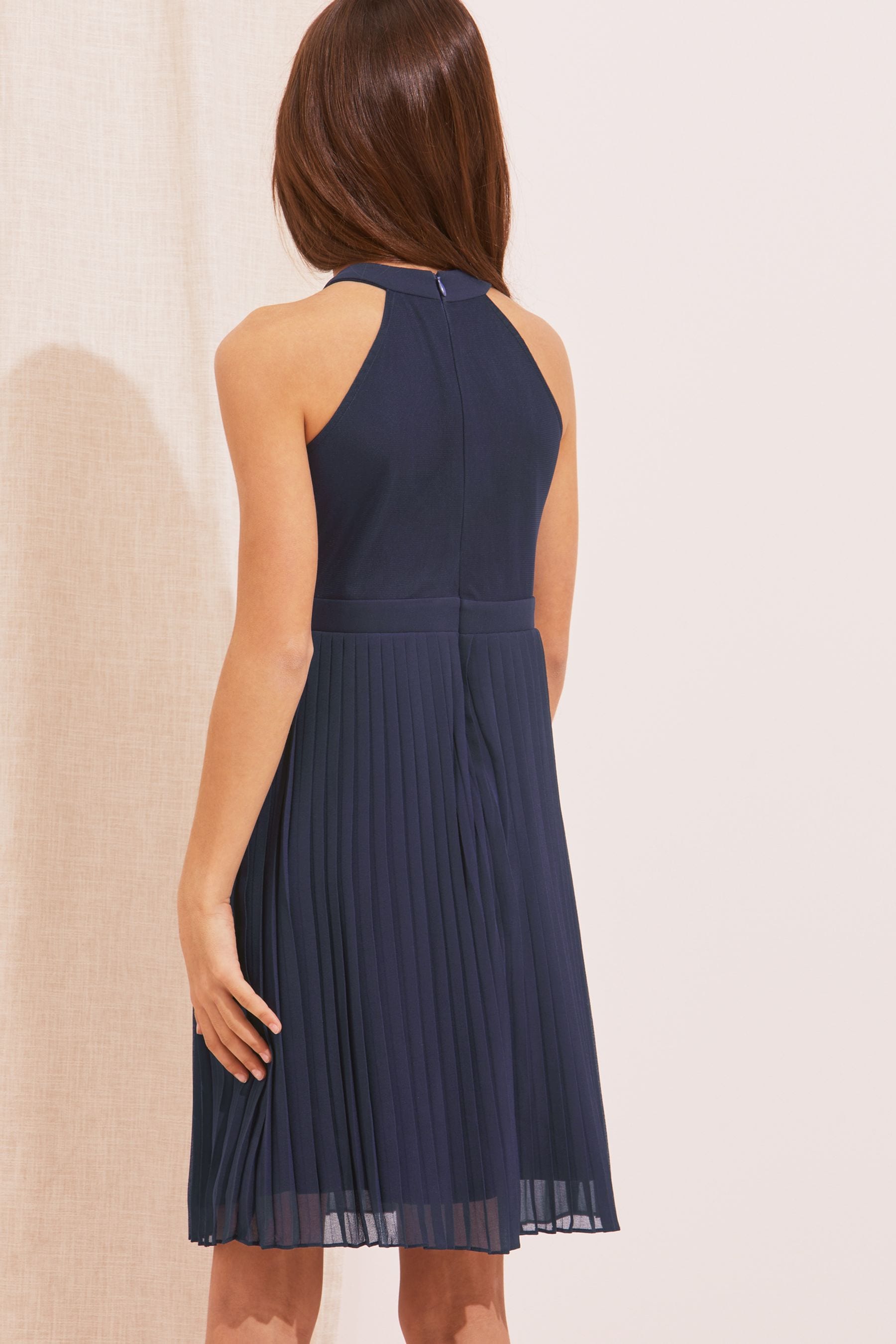 Navy Pleated Halter Occasion Dress