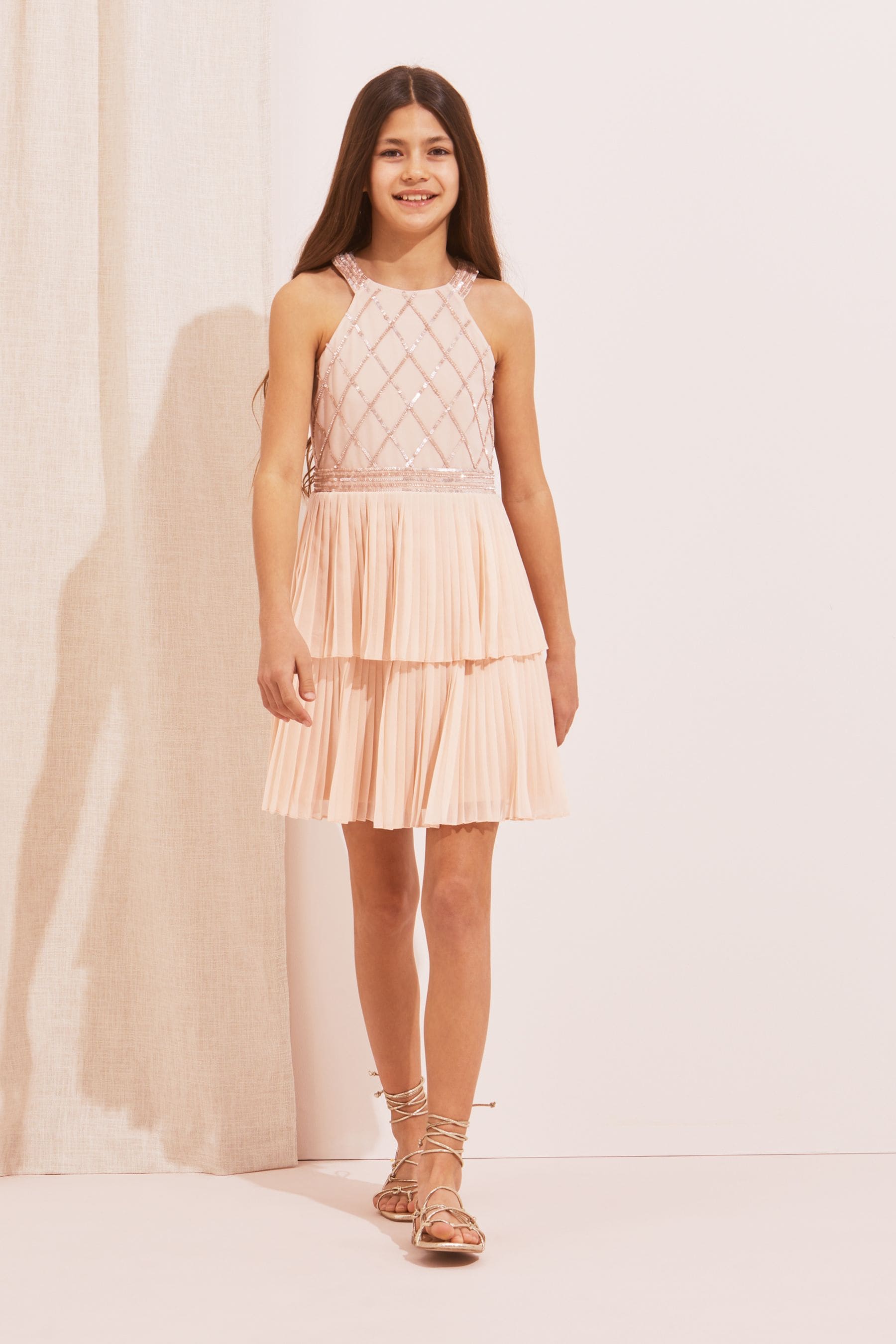 Pink Pleated Tiered Occasion Dress