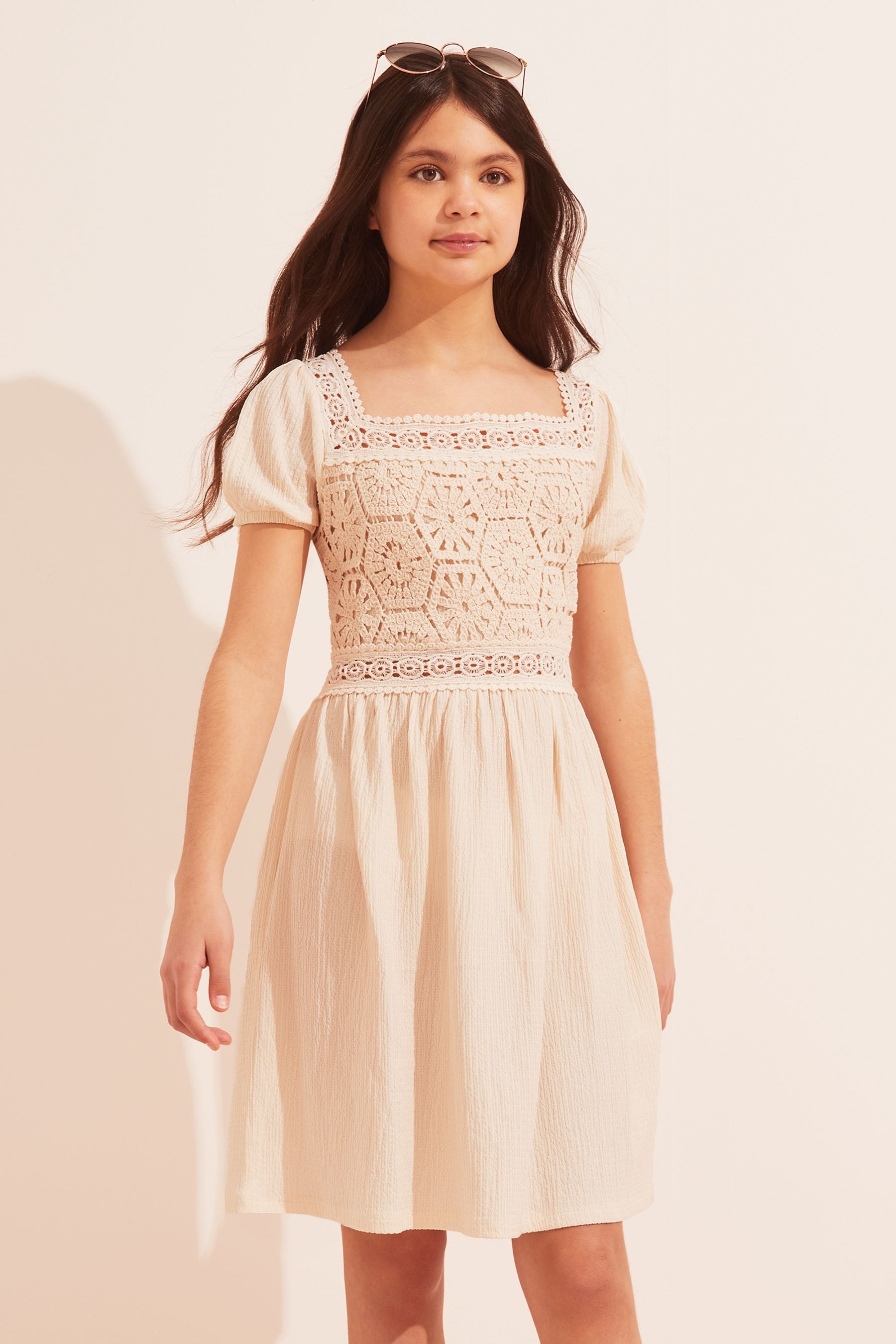 Stone Crochet Detail Puff Sleeve Jersey Dress