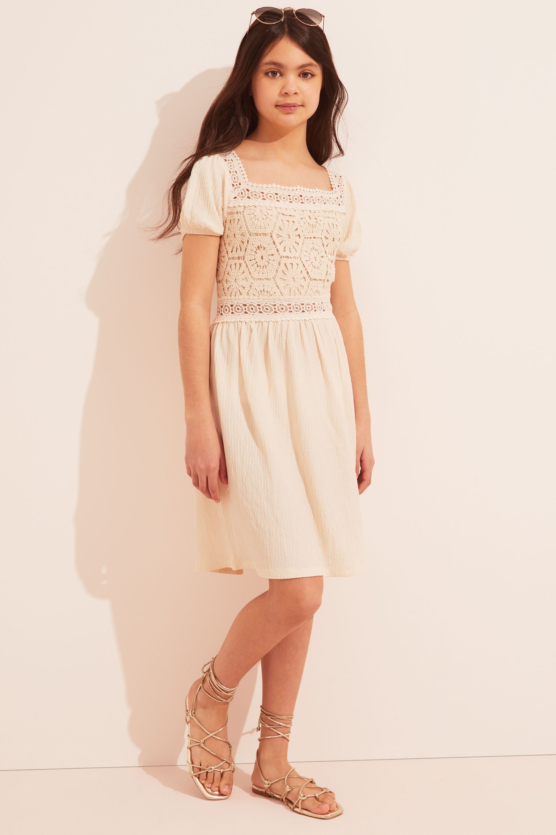 Stone Crochet Detail Puff Sleeve Jersey Dress