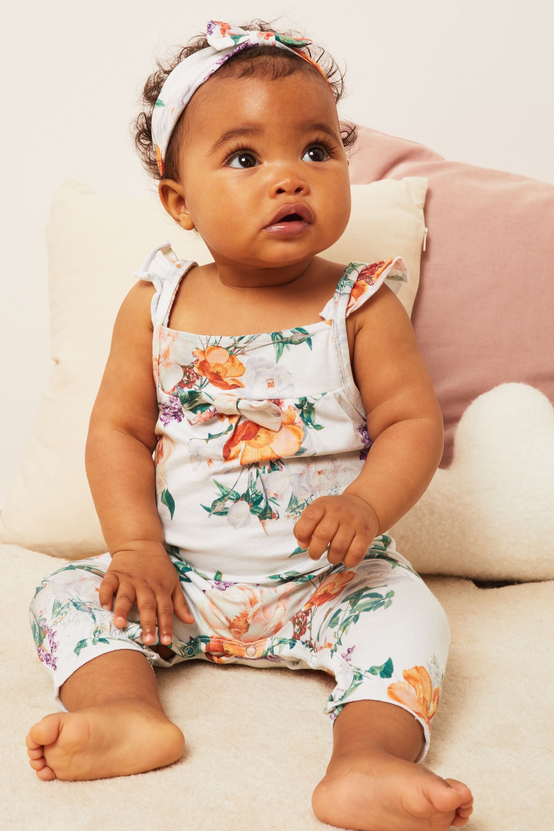 White Jersey Frill Romper With Headband- Baby