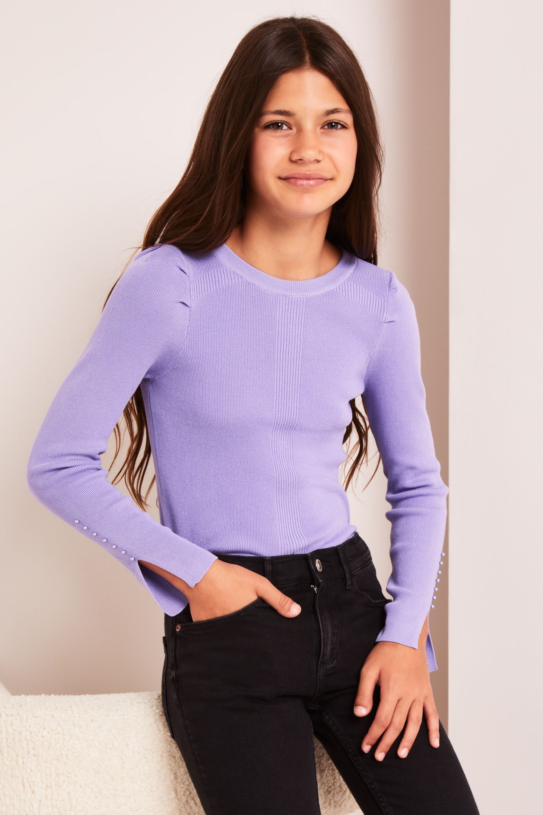 Lipsy Purple Pearl Stud Sleeve Jumper