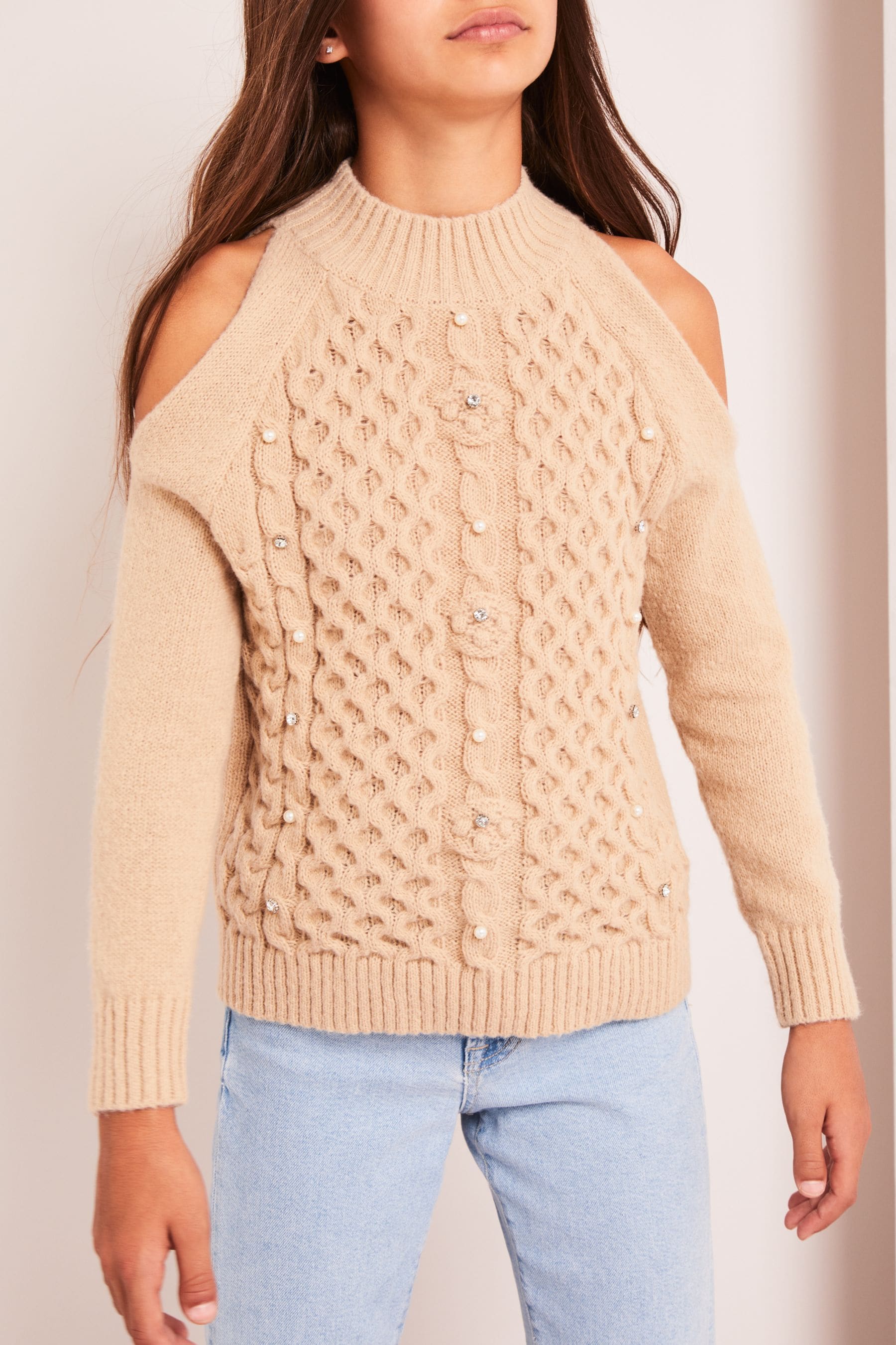 Brown Cold Shoulder Knitted Jumper