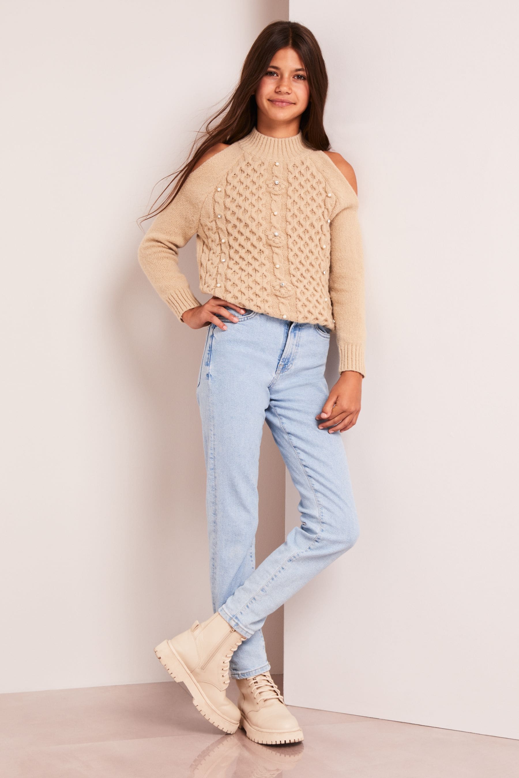 Brown Cold Shoulder Knitted Jumper