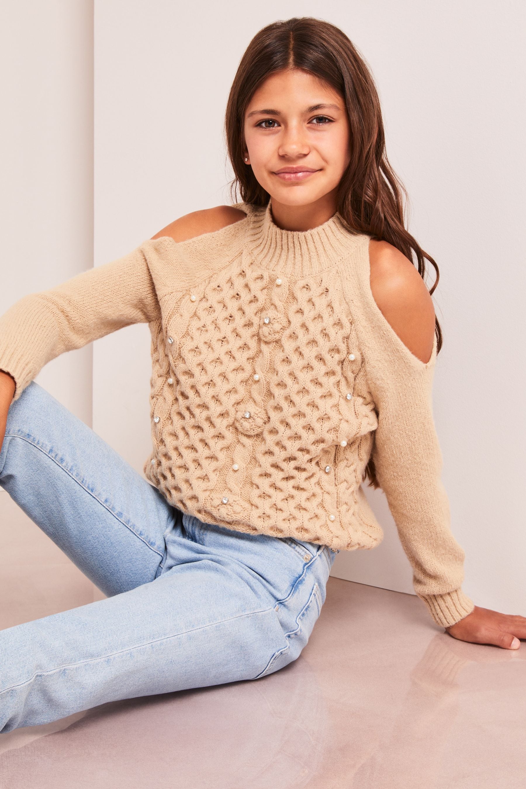 Brown Cold Shoulder Knitted Jumper