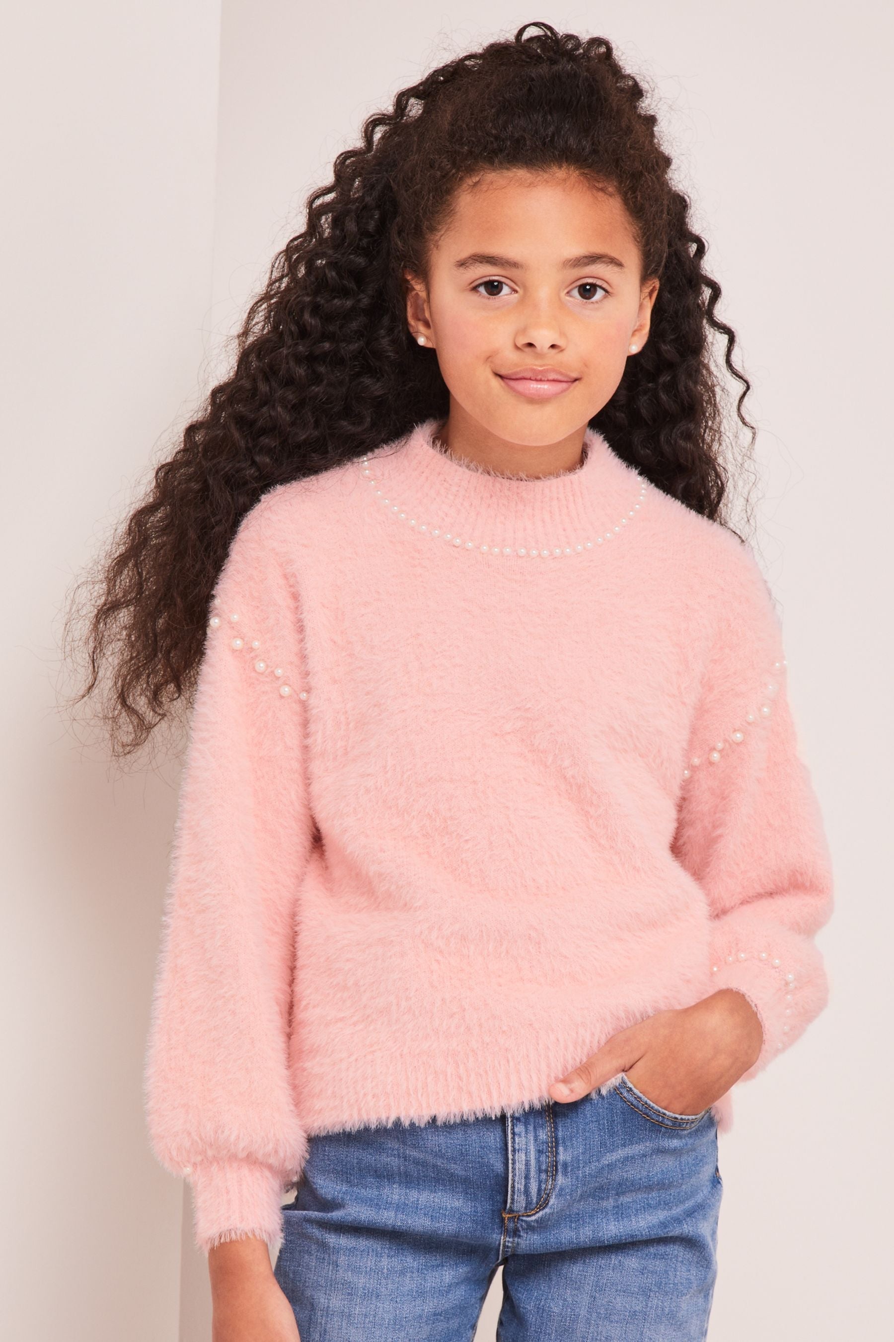 Pink Eyelash Knit Pearl Jumper