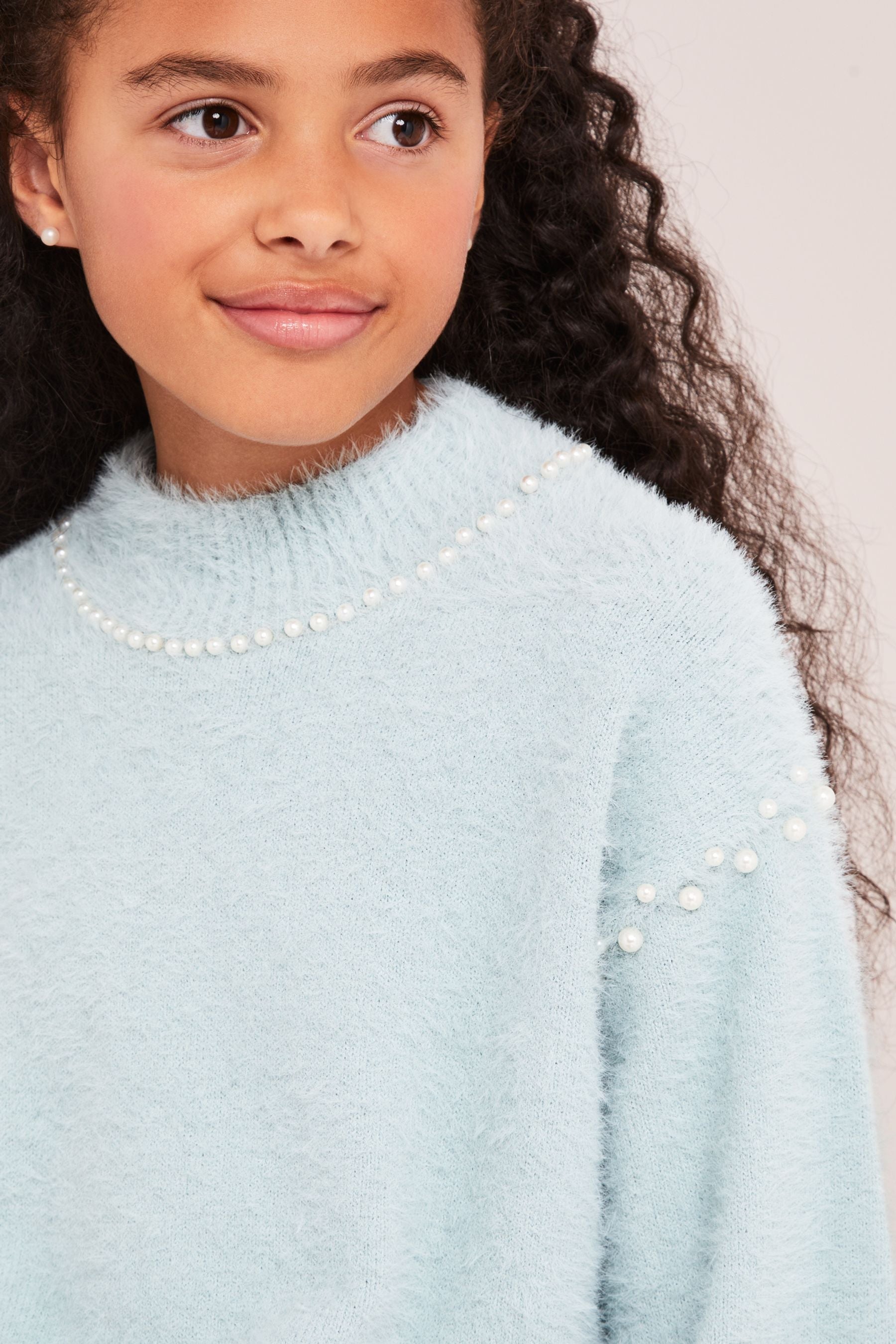 Blue Eyelash Knit Pearl Jumper