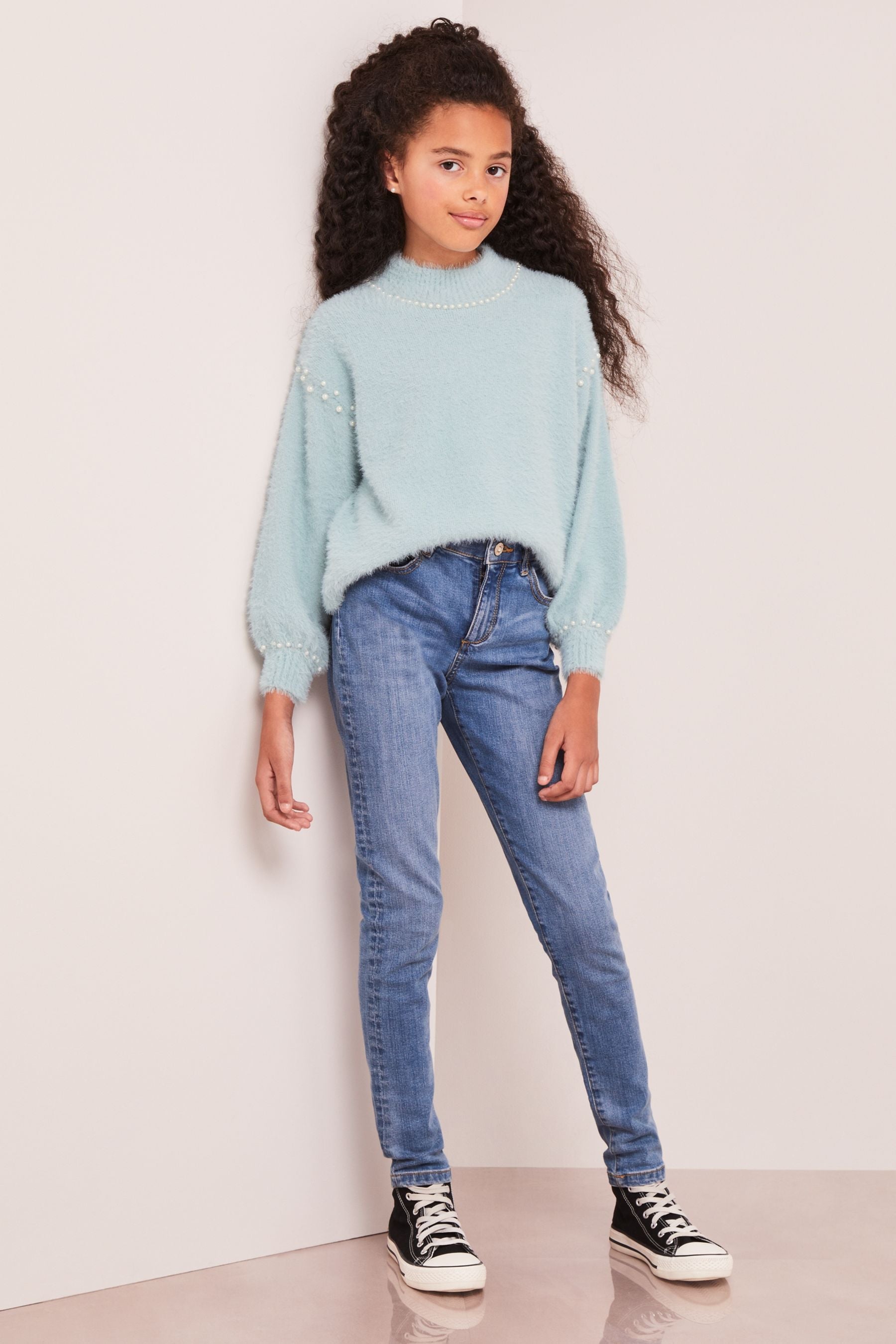 Blue Eyelash Knit Pearl Jumper