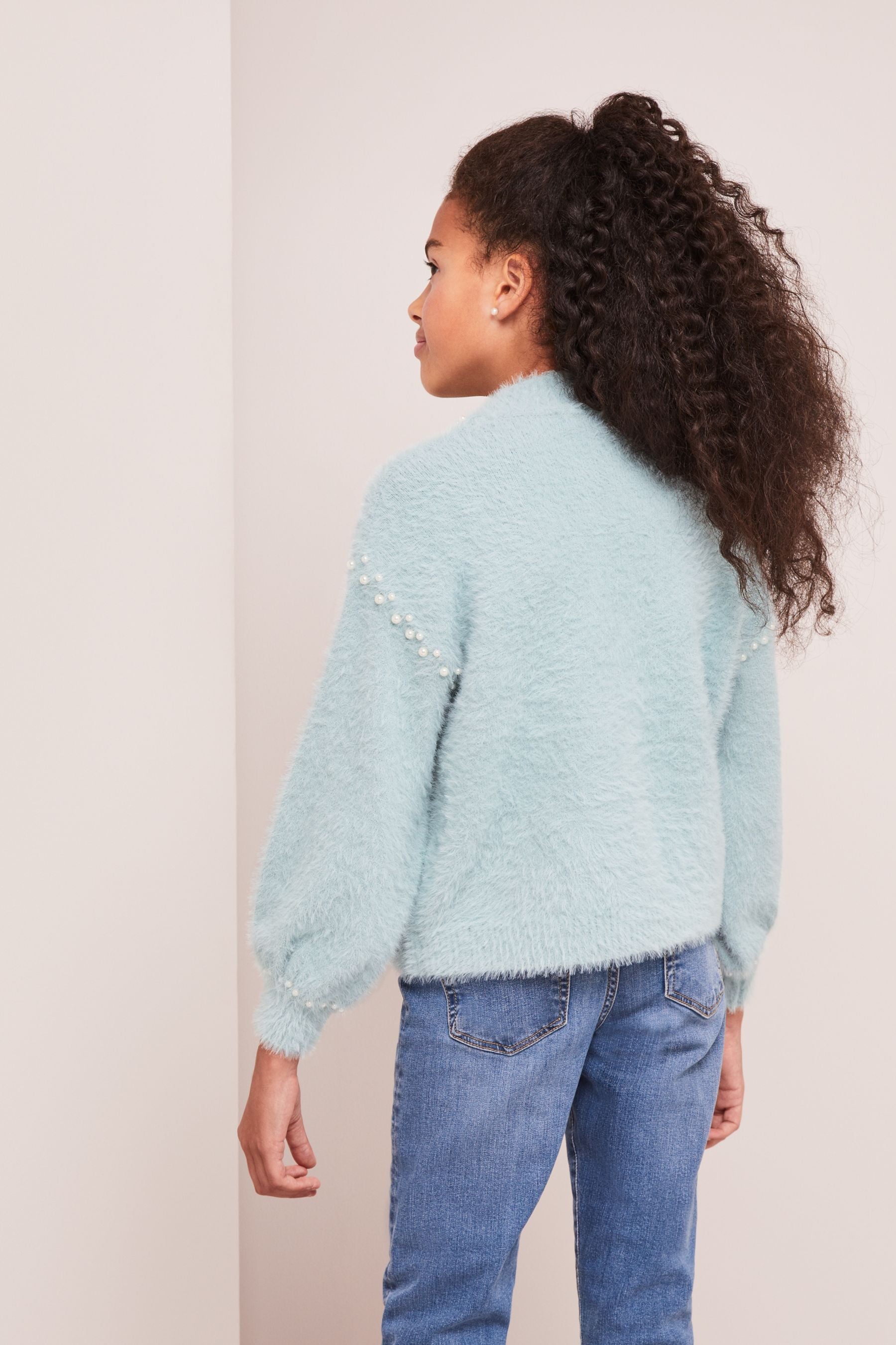 Blue Eyelash Knit Pearl Jumper