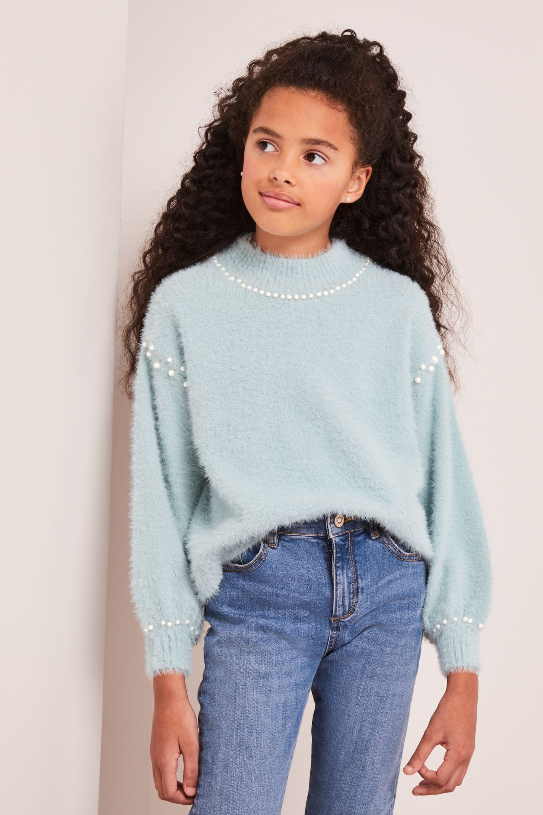 Blue Eyelash Knit Pearl Jumper