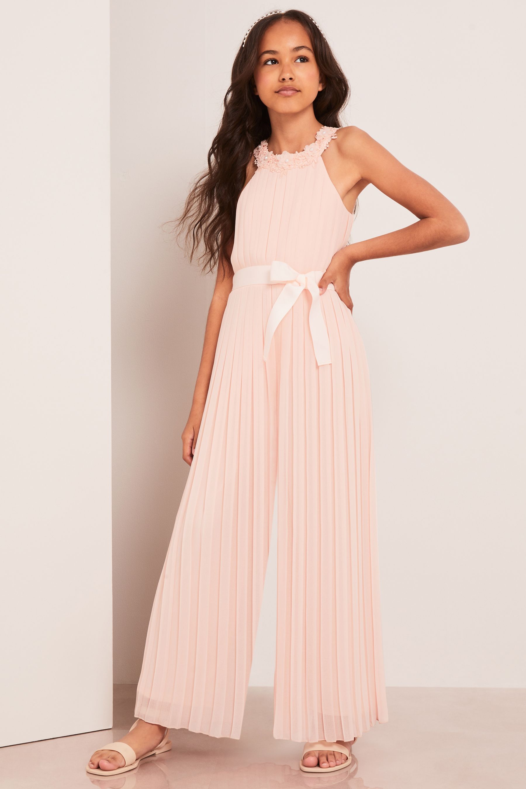 Light Pink Lipsy Pleated Chiffon Occasion Jumpsuit