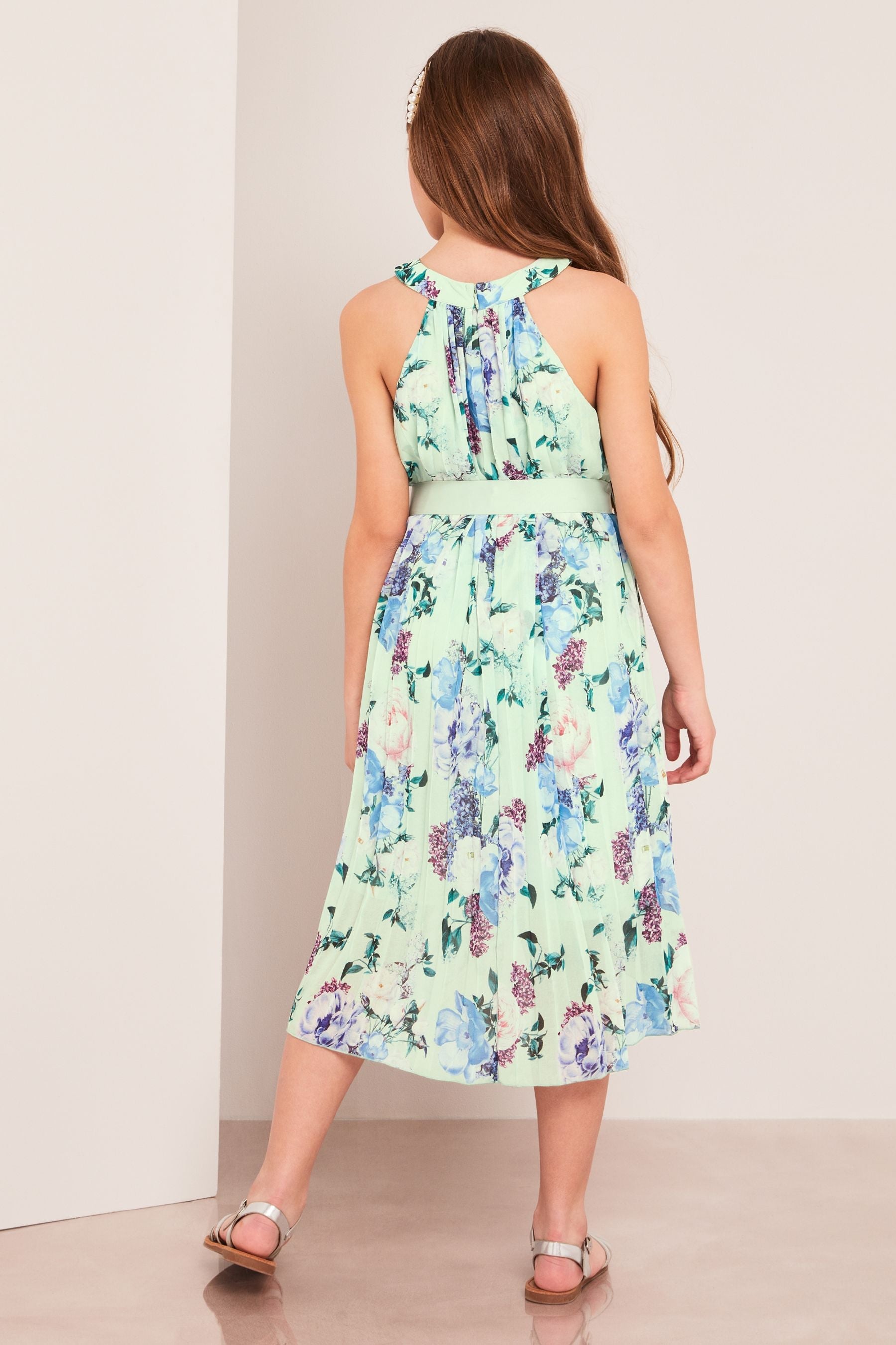 Sage Green Floral Pleated Chiffon Occasion Dress