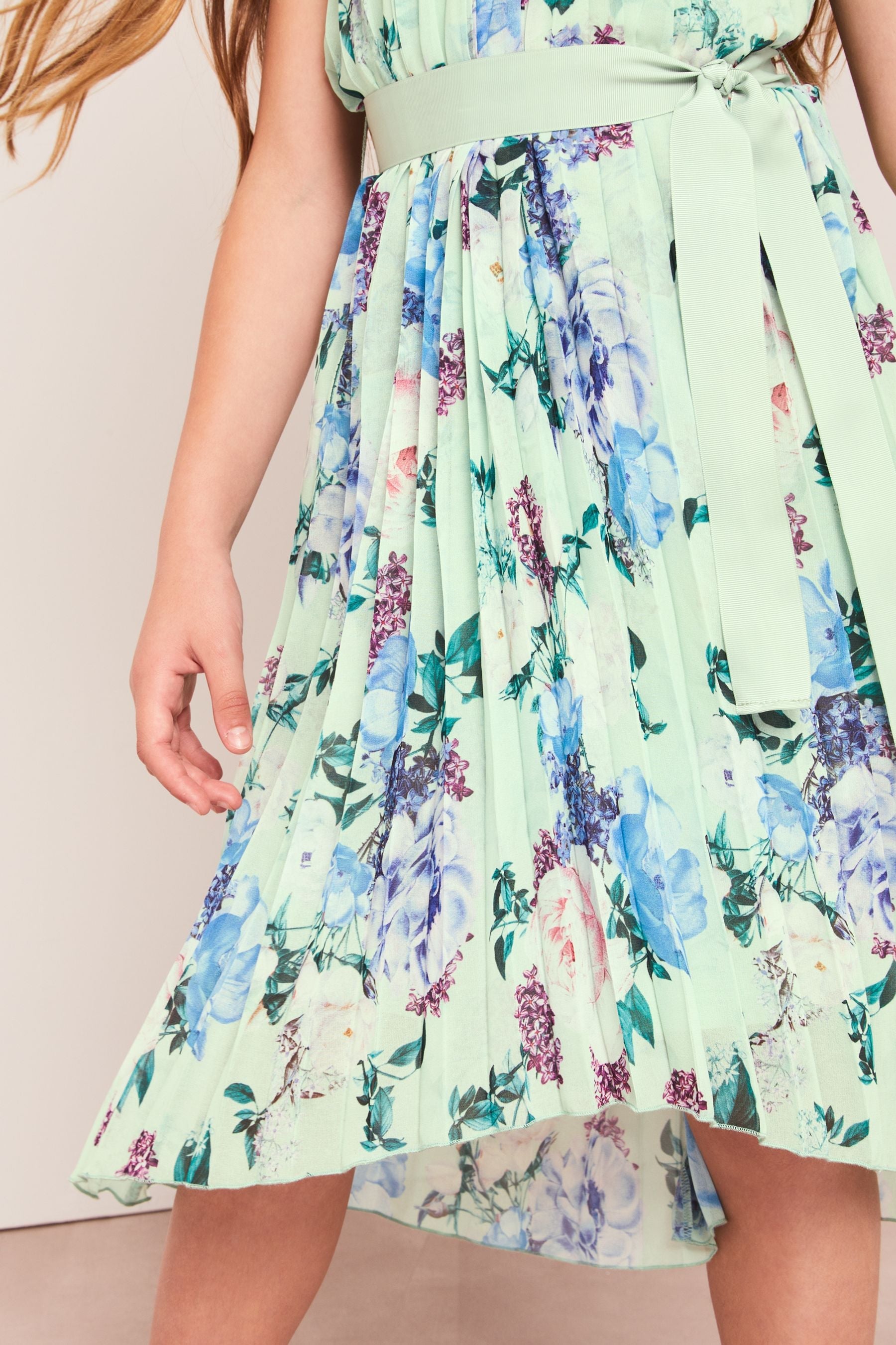 Sage Green Floral Pleated Chiffon Occasion Dress