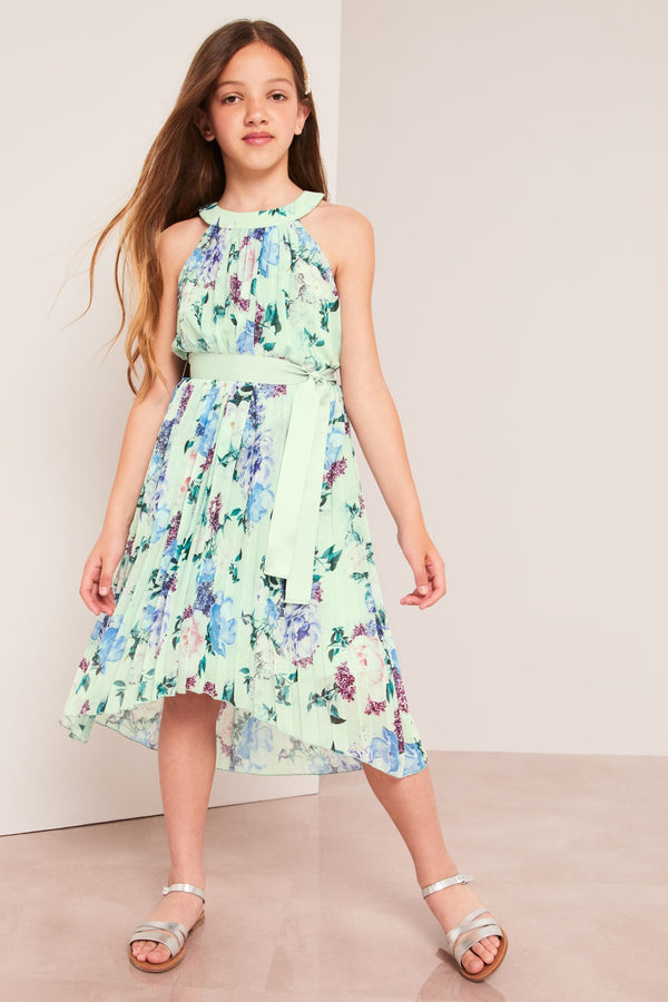 Sage Green Floral Pleated Chiffon Occasion Dress