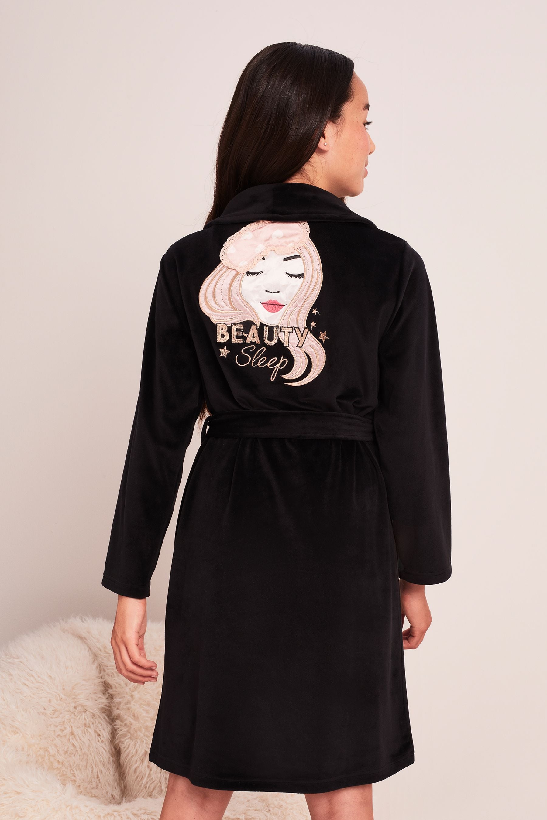 Black Velour Embroidery Dressing Gown