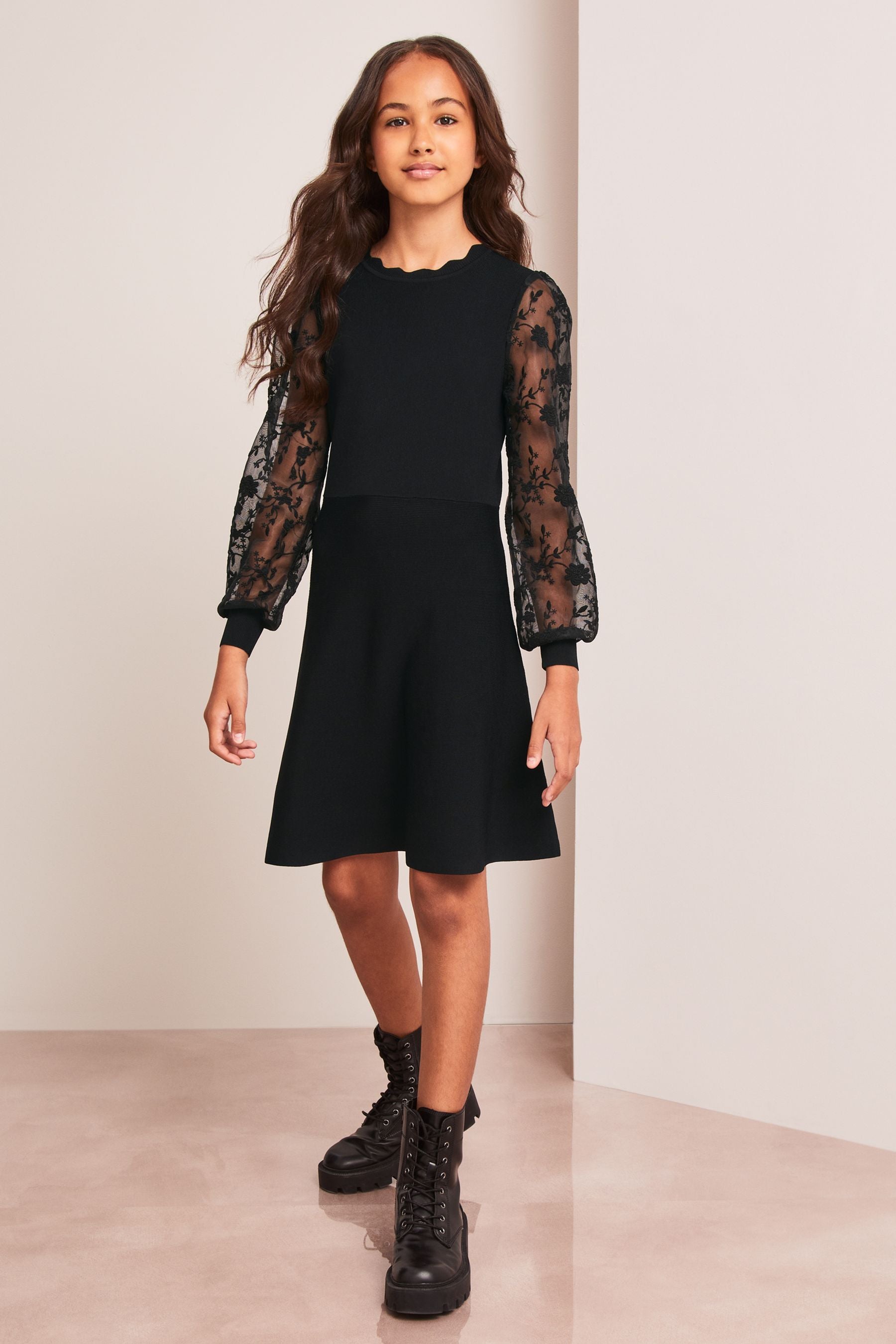 Black Organza Sleeve Knitted Dress