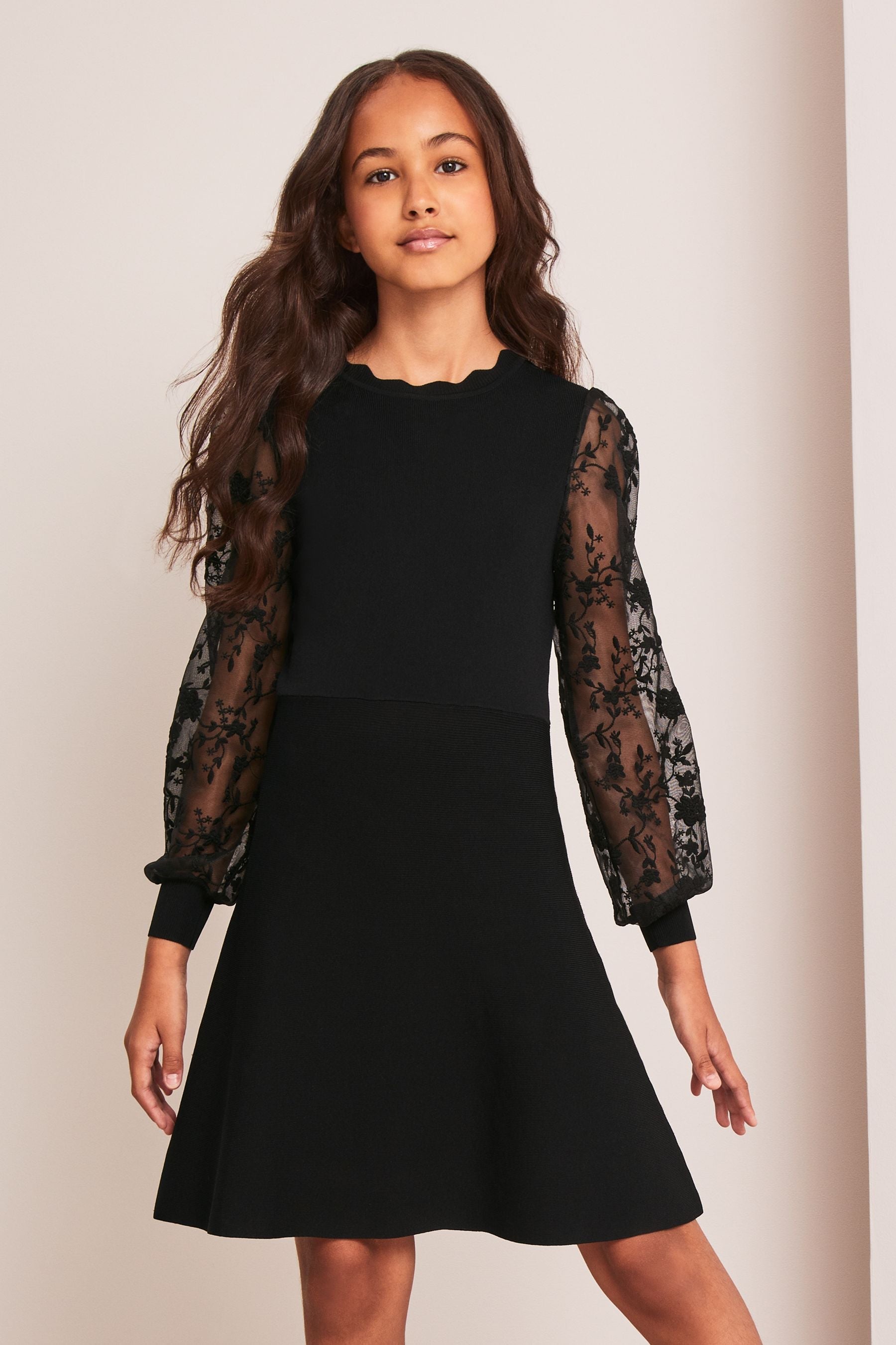 Black Organza Sleeve Knitted Dress