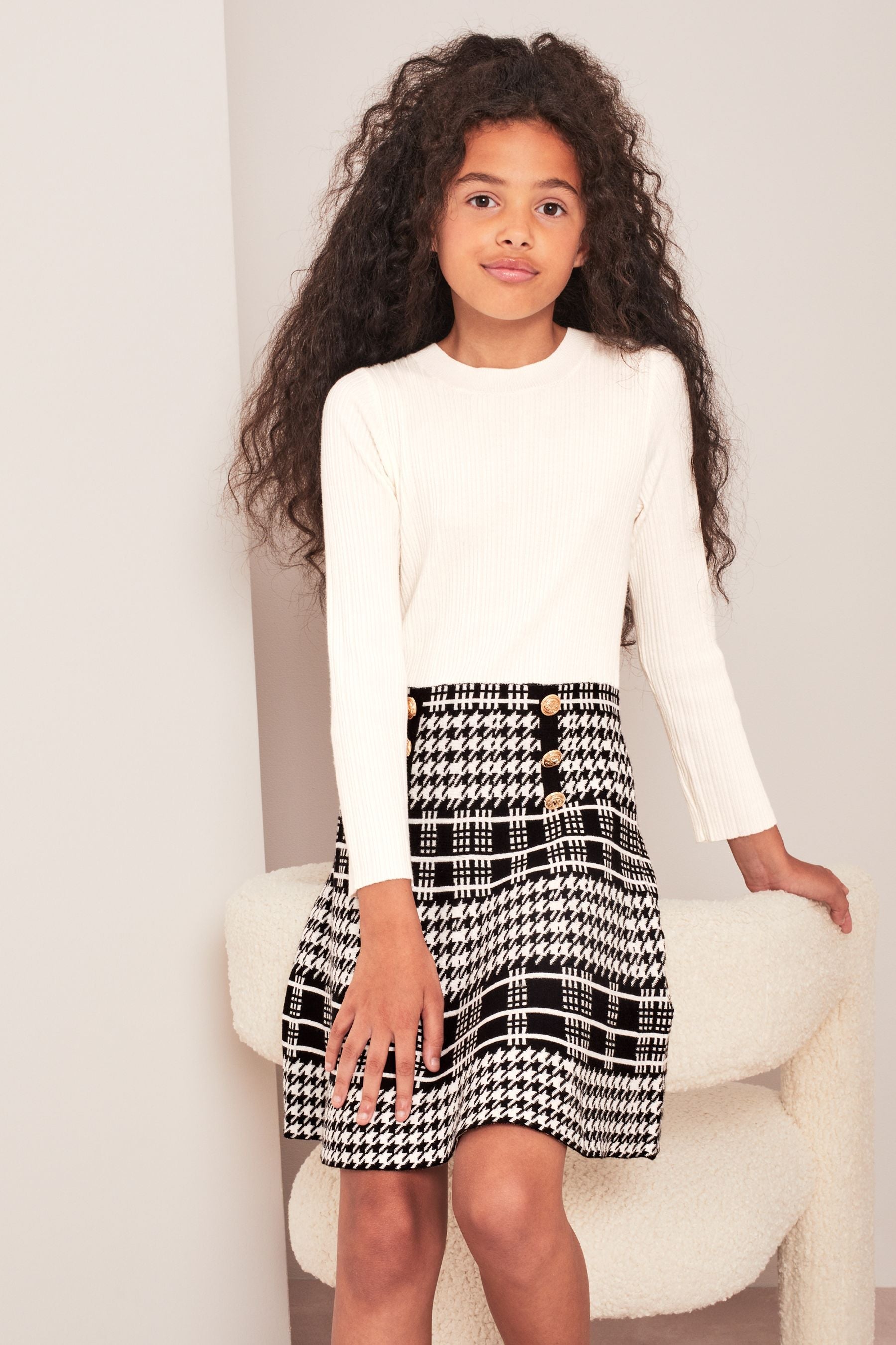 White Check 2in1 Long Sleeve Knitted Dress