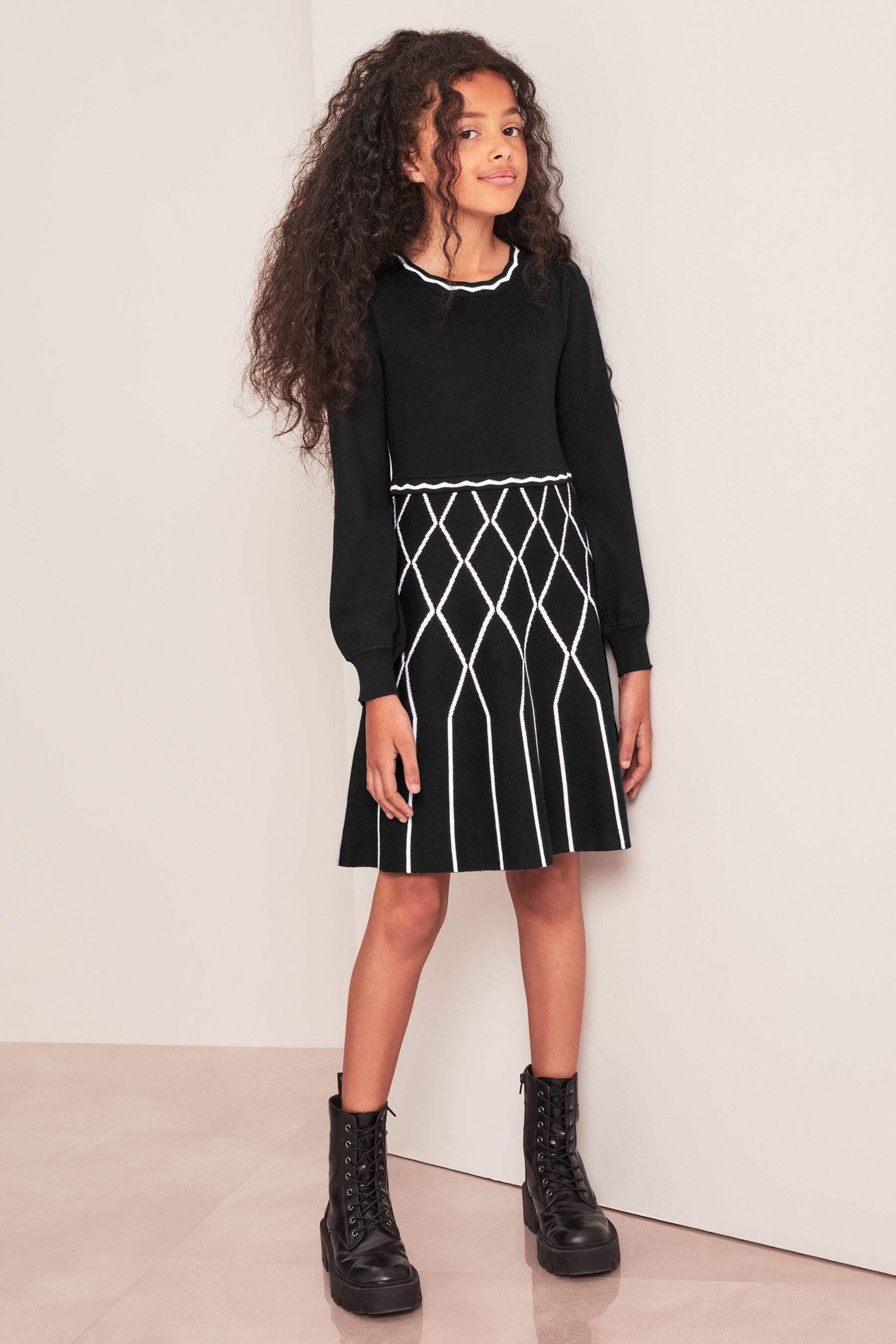 Monochrome Check 2in1 Long Sleeve Knitted Dress