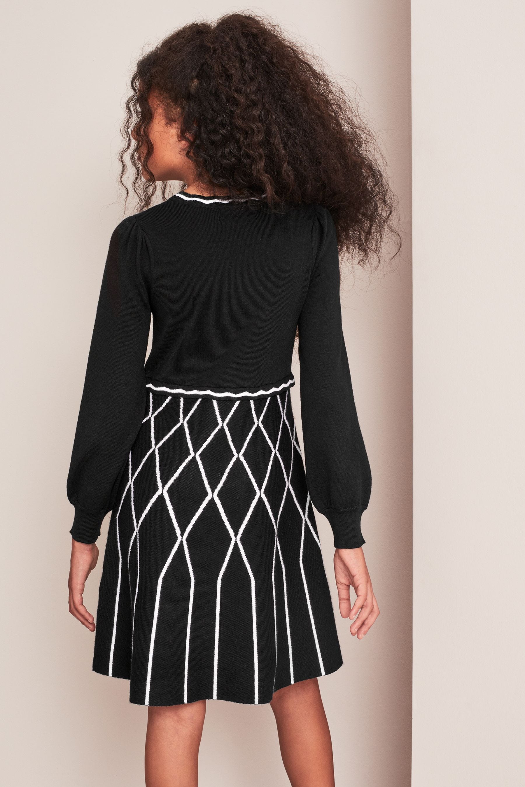 Monochrome Check 2in1 Long Sleeve Knitted Dress