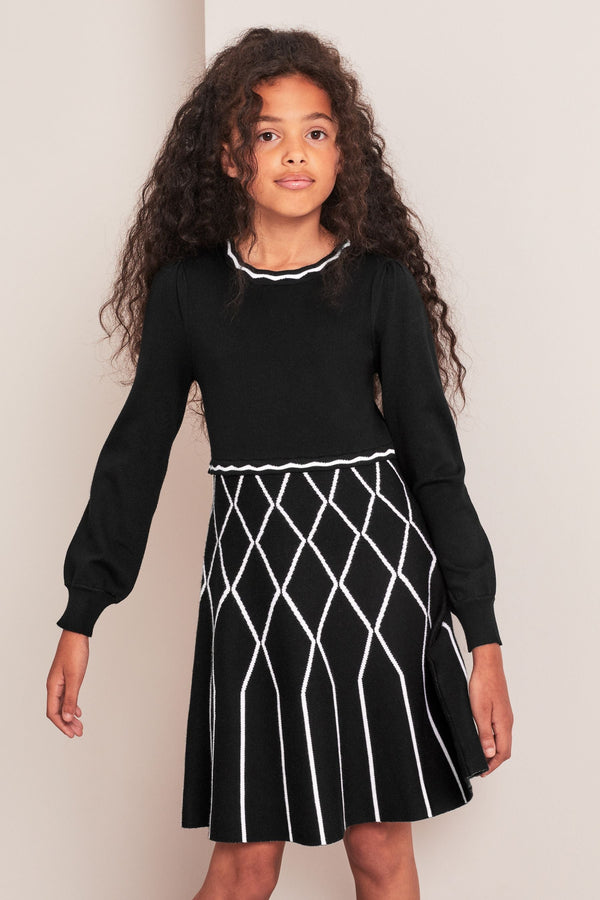 Monochrome Check 2in1 Long Sleeve Knitted Dress