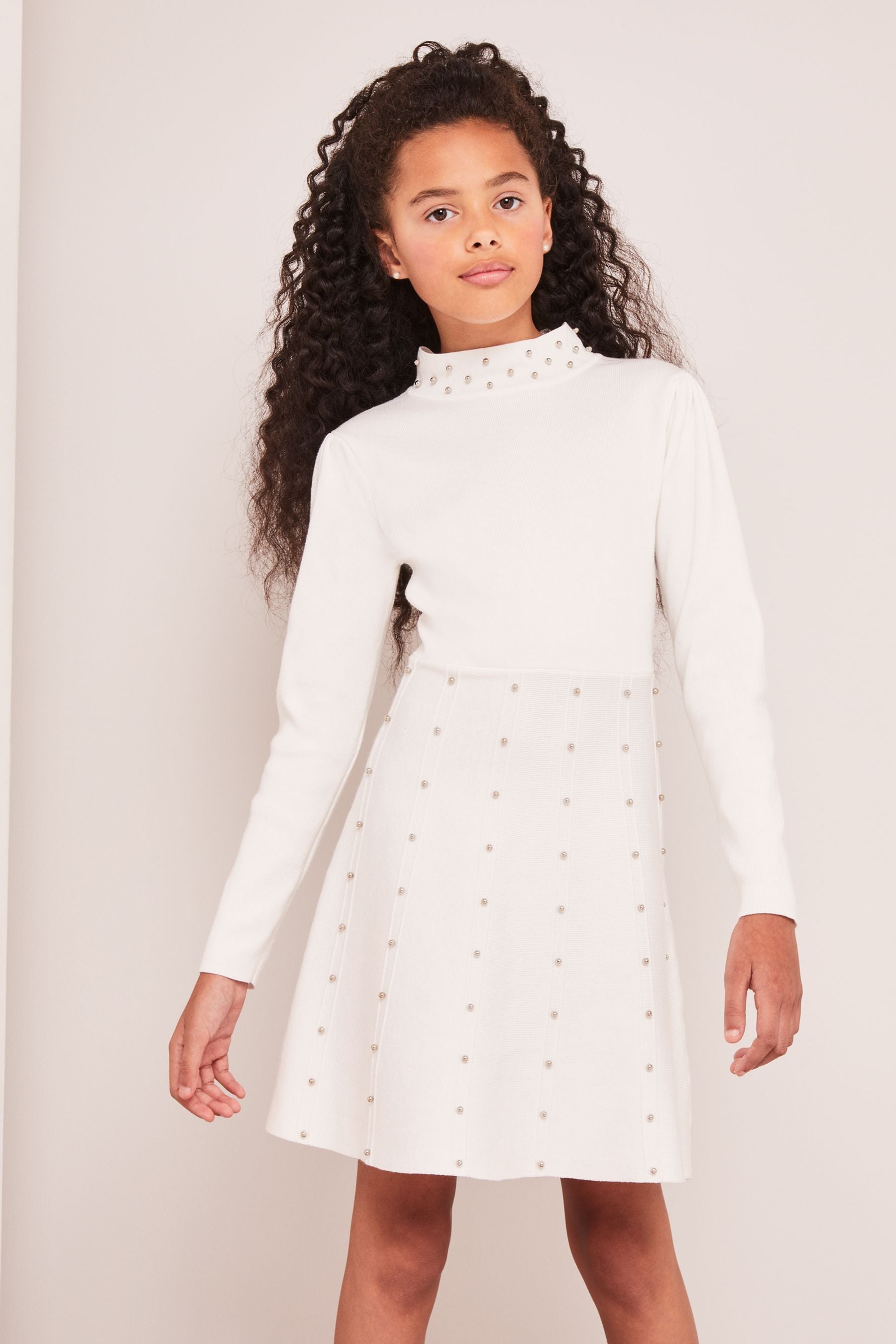 Cream Lipsy Embellished Knitted Dress