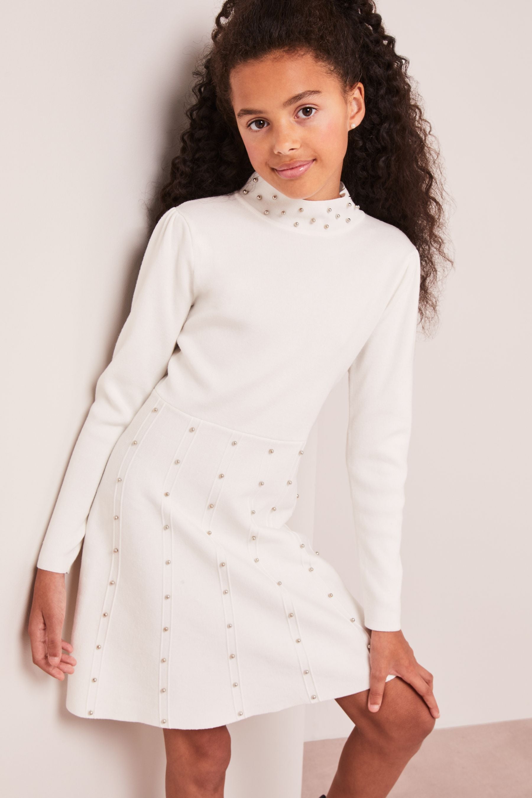 Cream Lipsy Embellished Knitted Dress