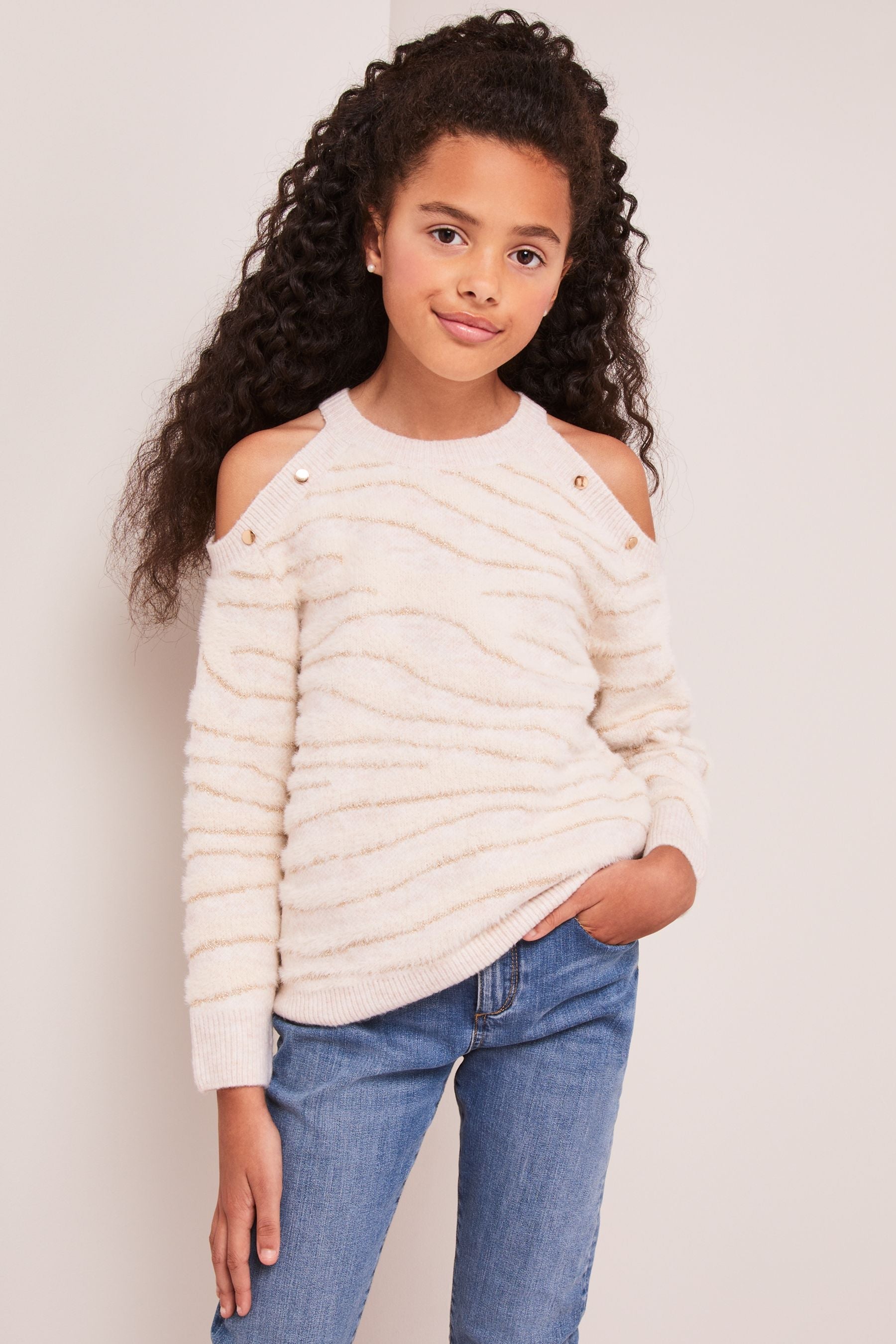 Cream Zebra Print Cold Shoulder Knitted Jumper