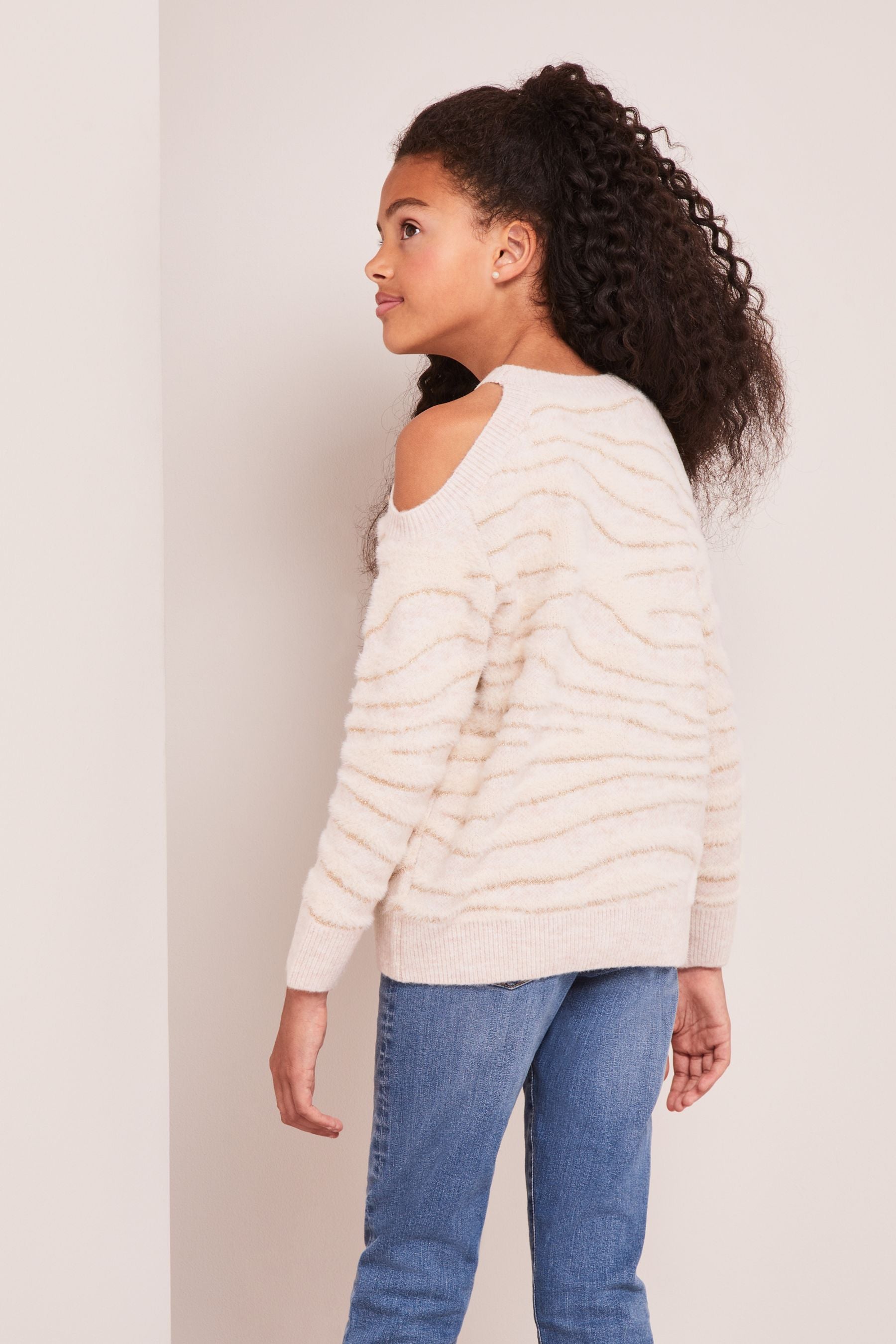 Cream Zebra Print Cold Shoulder Knitted Jumper