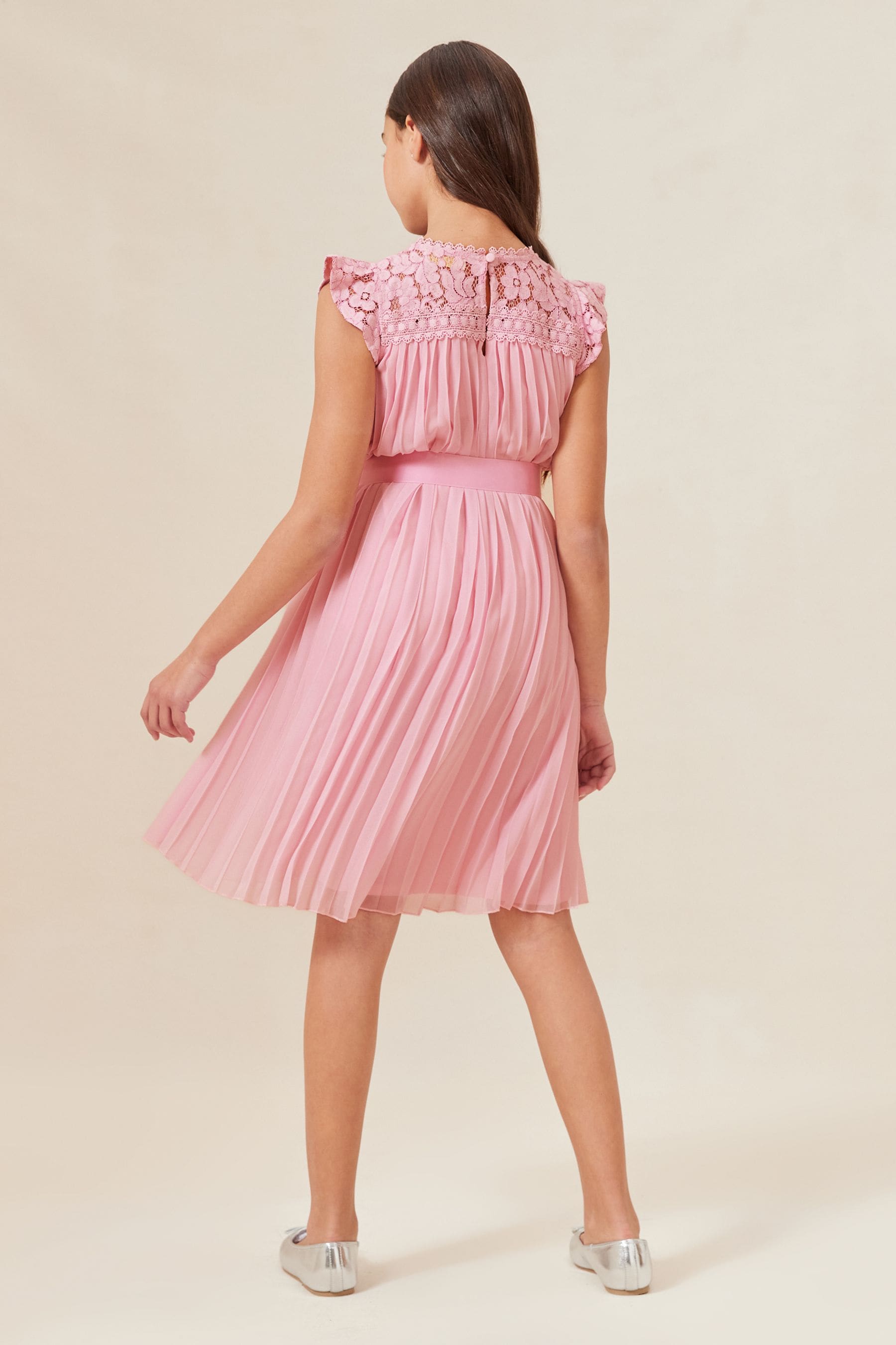 Pink Lace Yolk Pleated Occasion Dress