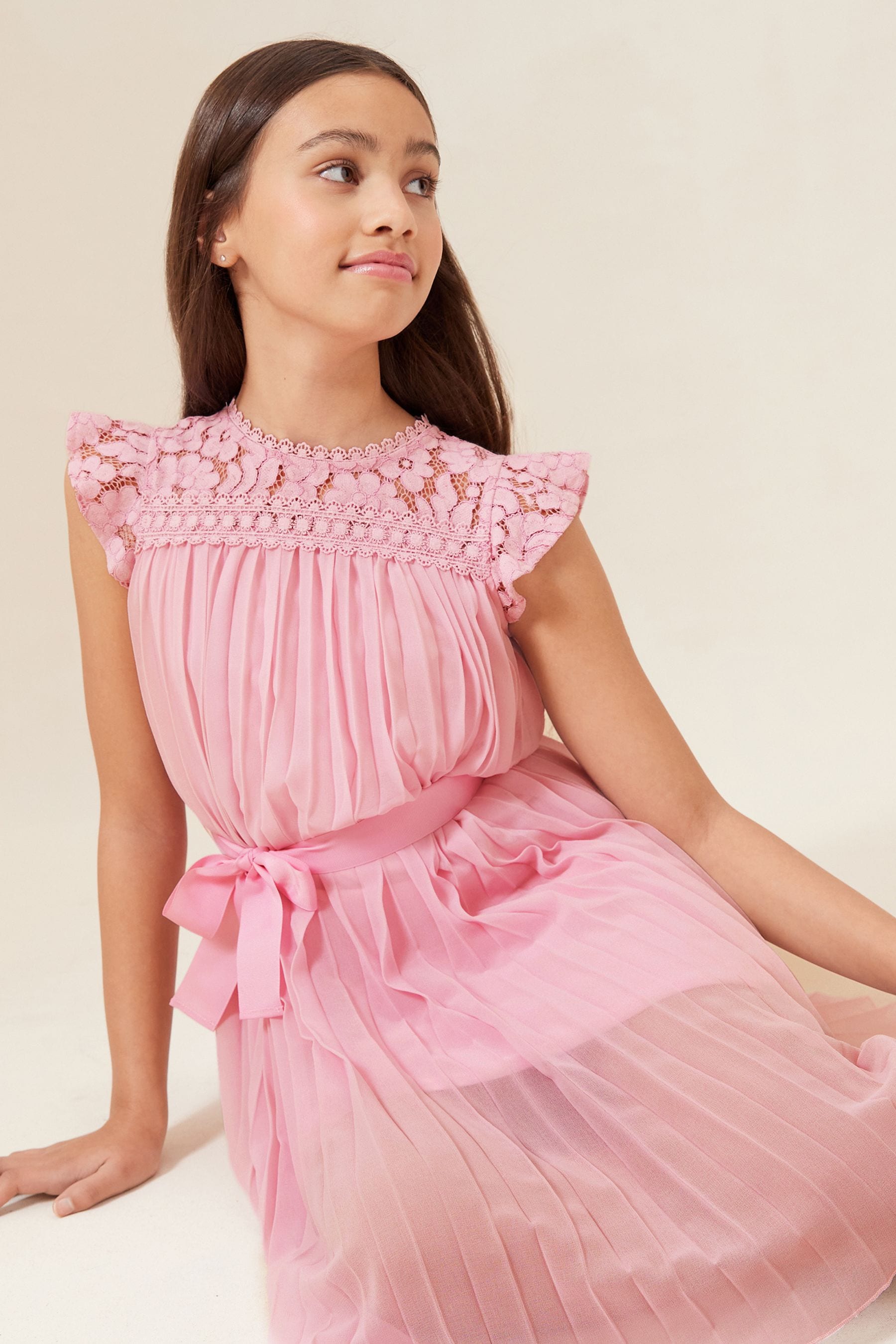 Pink Lace Yolk Pleated Occasion Dress