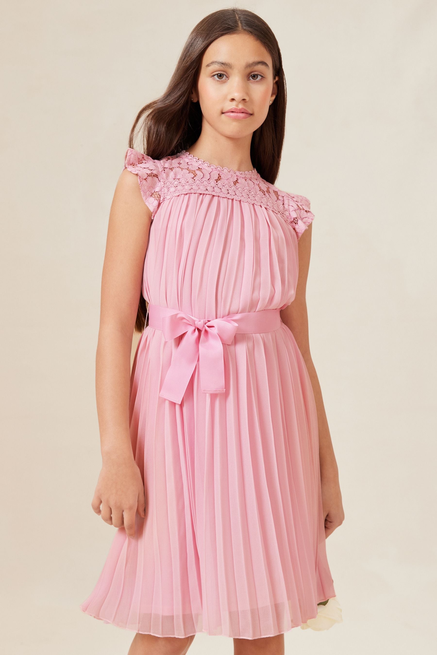 Pink Lace Yolk Pleated Occasion Dress