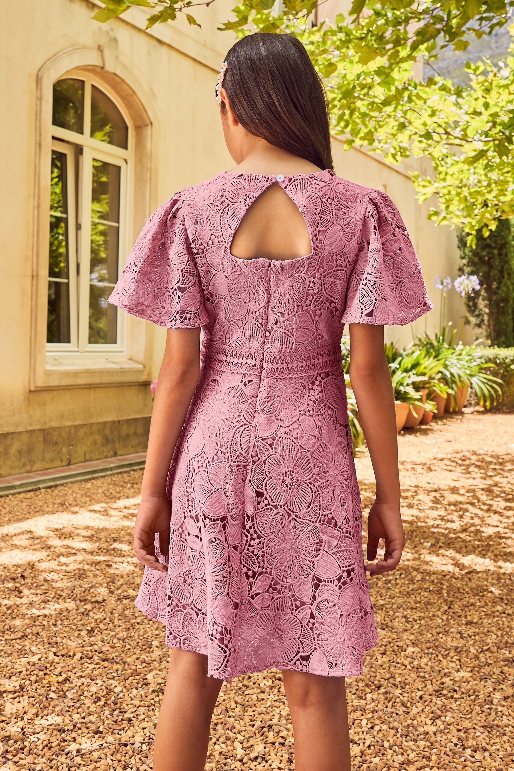 Lipsy Rose Pink Flutter Sleeve Lace Occasion Dress