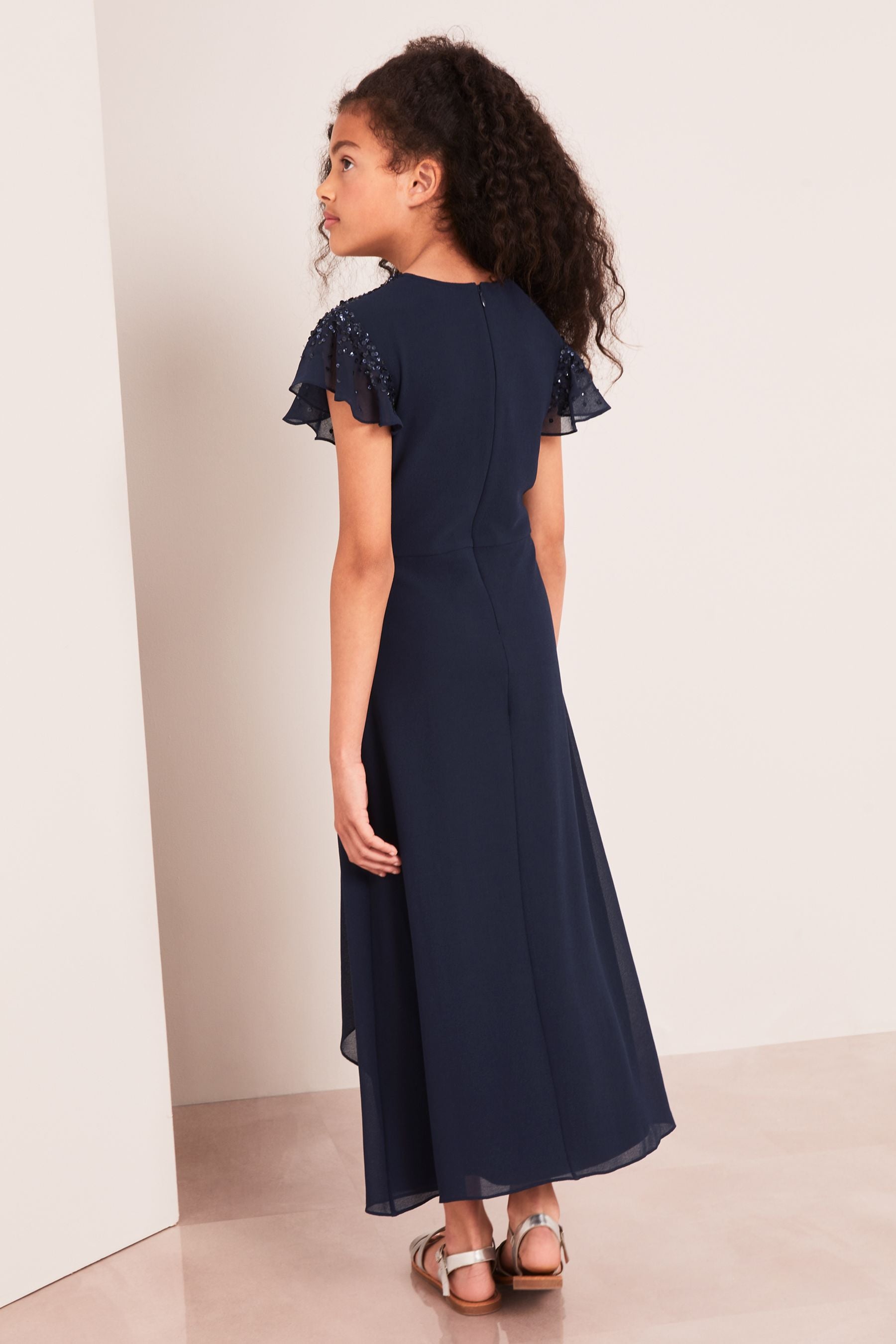 Navy Embellished Flutter Sleeve Occasion Maxi Dress - Teen