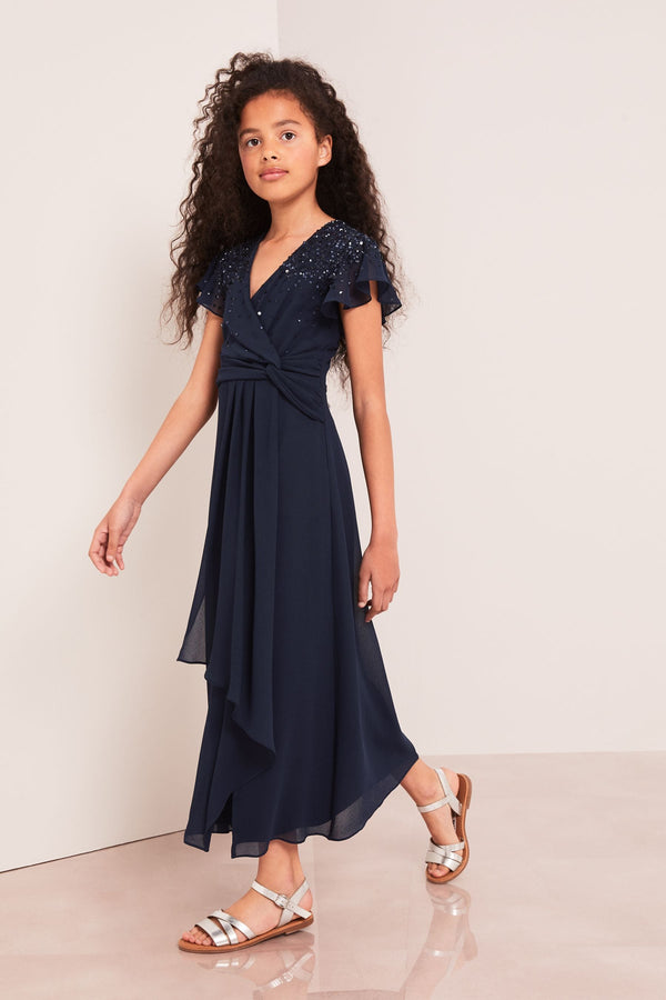 Navy Embellished Flutter Sleeve Occasion Maxi Dress - Teen