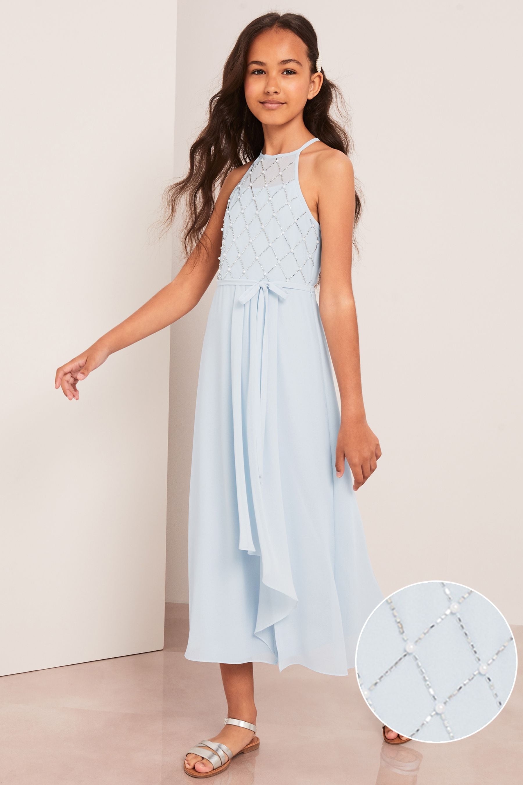 Light Blue Strap Maxi Pearl Occasion Dress (7-16yrs)