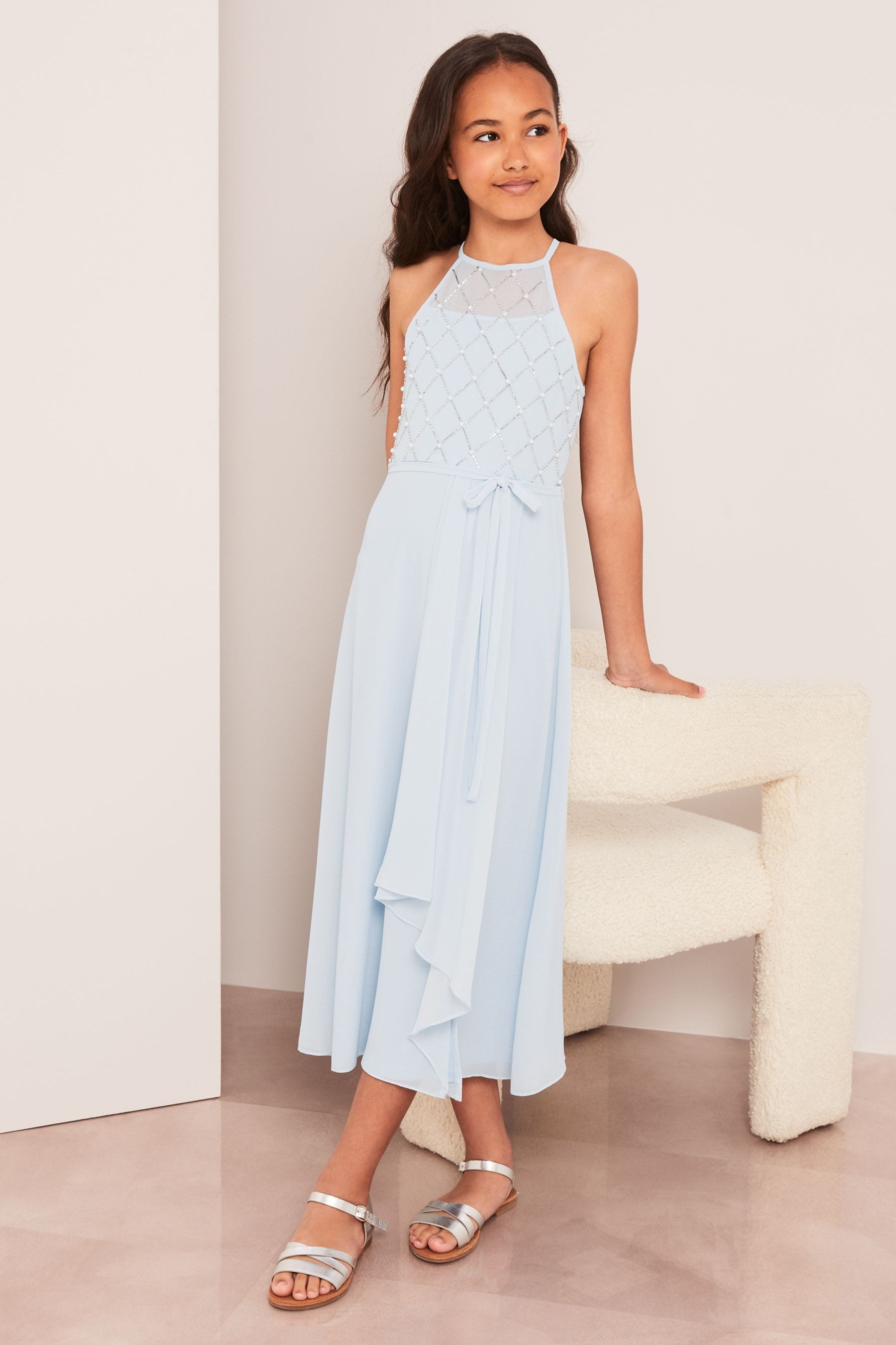 Light Blue Strap Maxi Pearl Occasion Dress (7-16yrs)