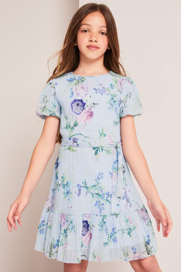 Blue Floral Puff Sleeve Tie Waist Dress