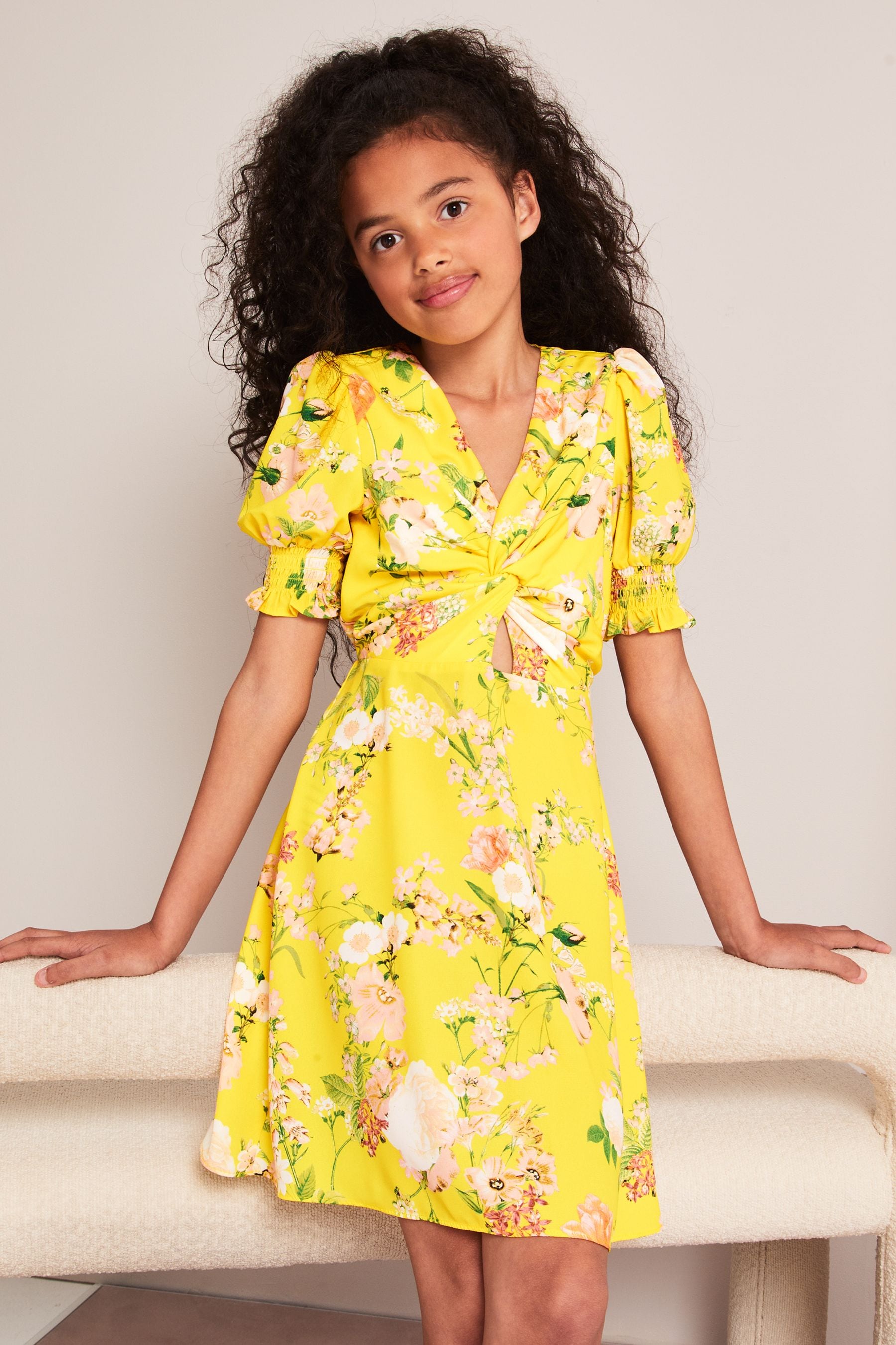 Yellow Floral Knot Front Mini Dress