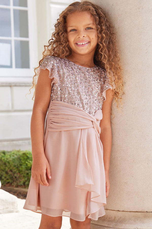 Pink Flutter Sleeve Occasion Mini Dress (2-16yrs)