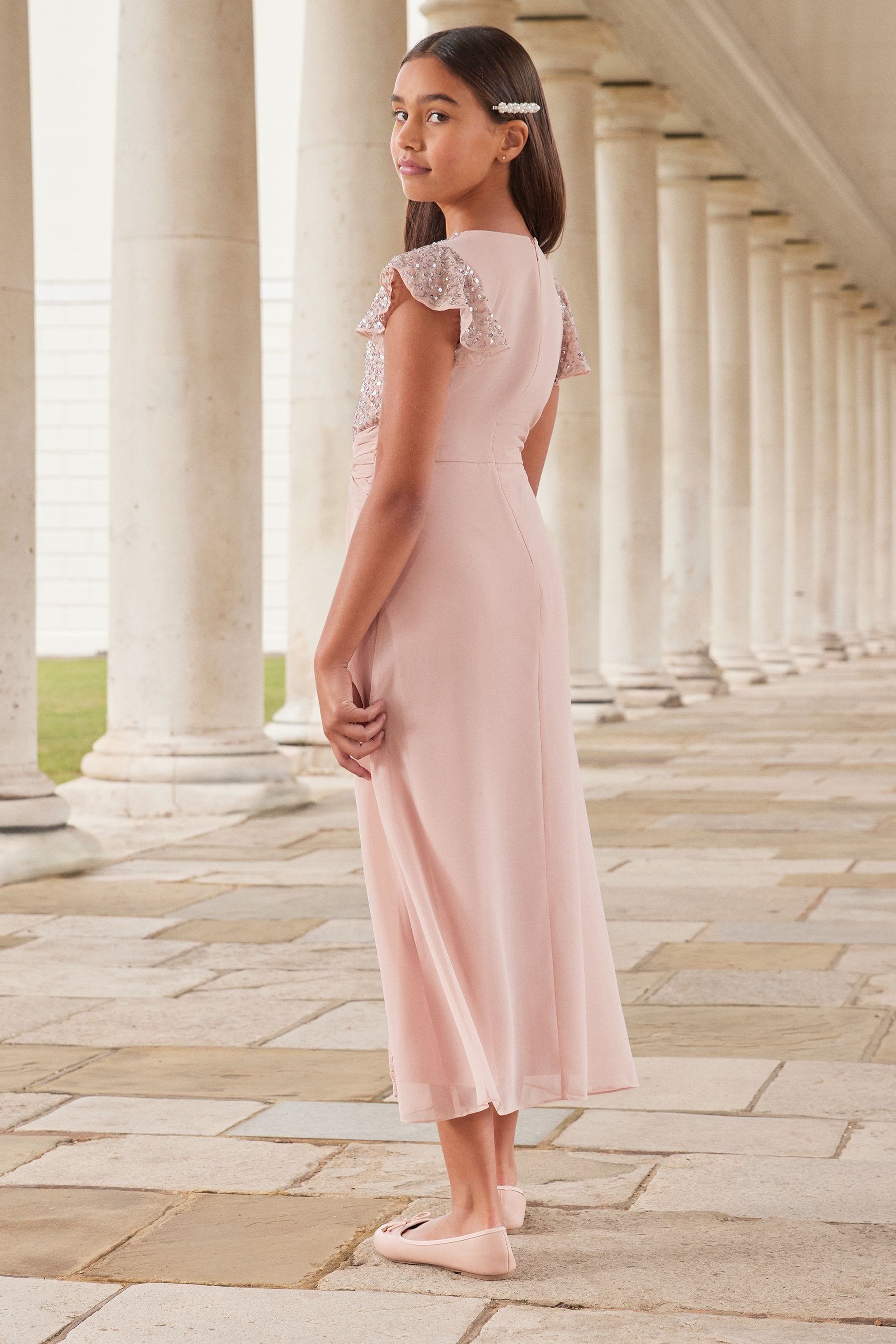 Pink Flutter Sleeve Occasion Maxi Dress - Teen