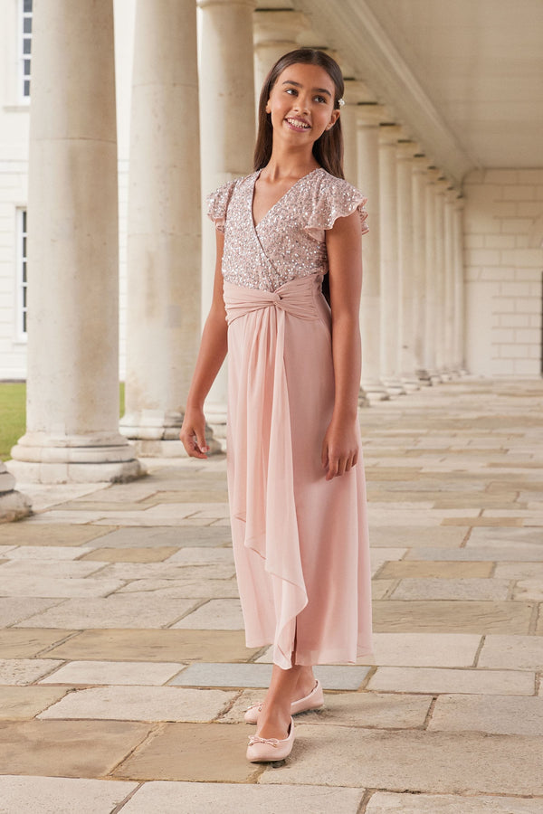 Pink Flutter Sleeve Occasion Maxi Dress - Teen