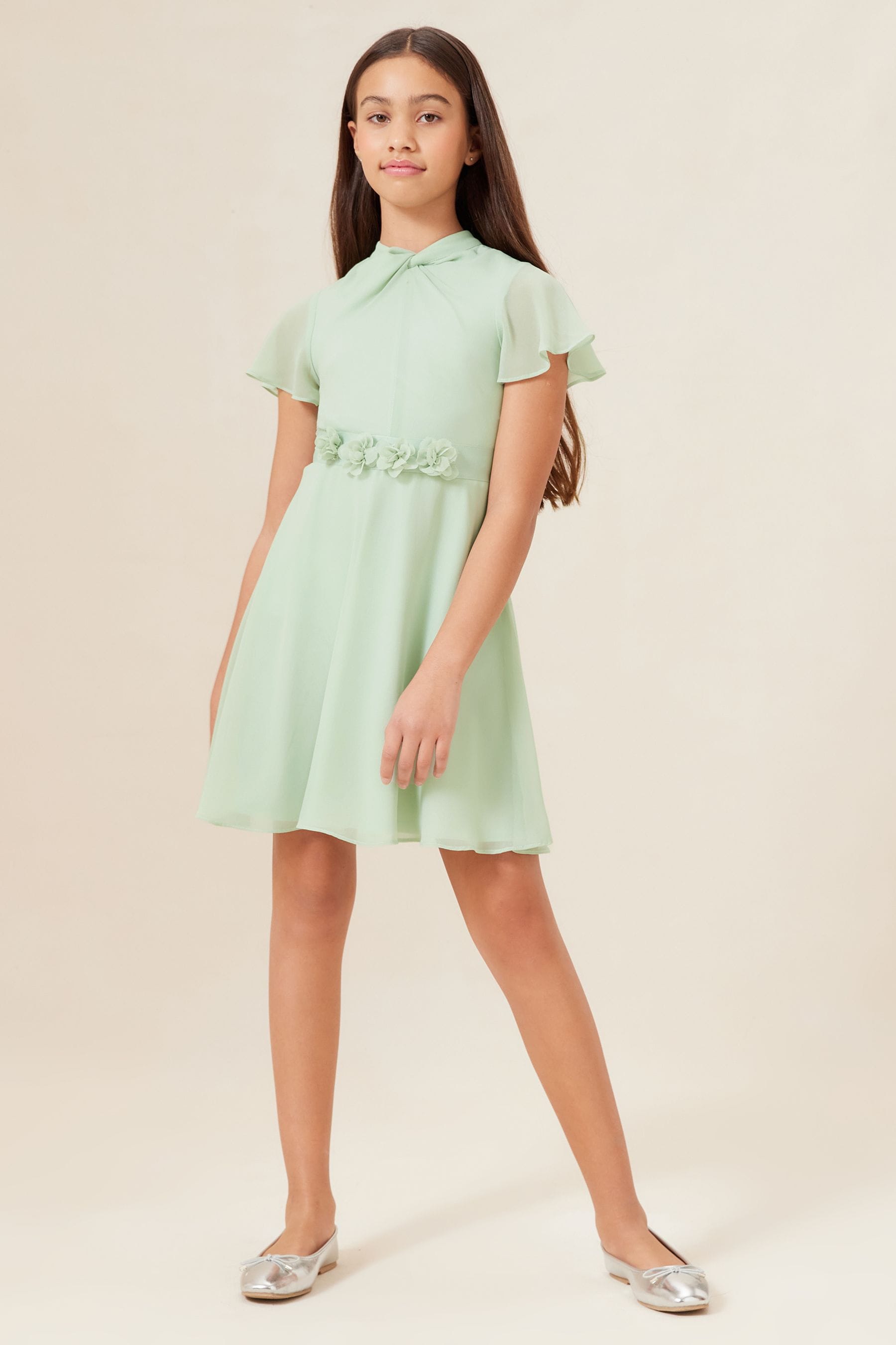 Sage Green Twist Neck Flower Waist Occasion Dress (2-16yrs)