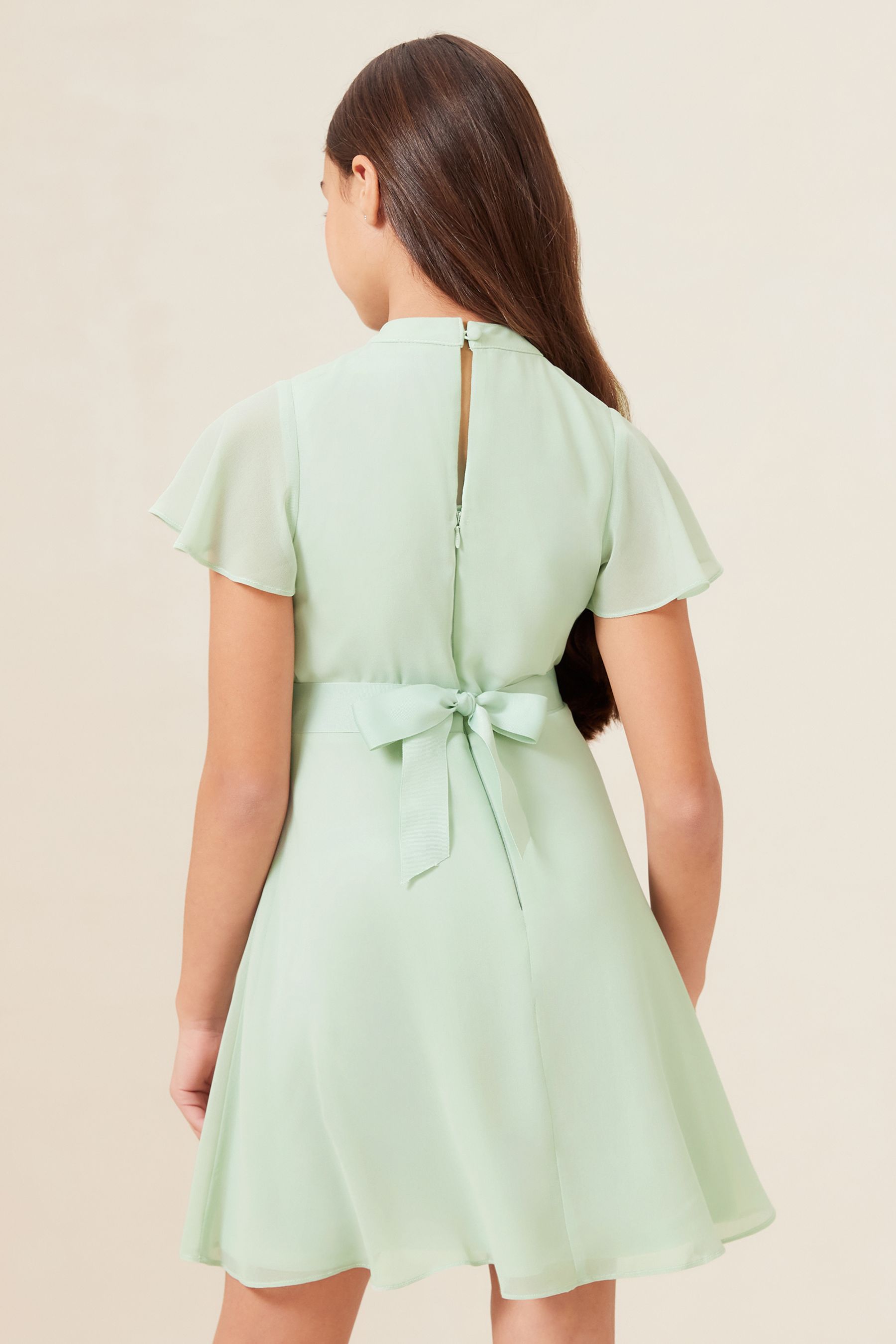 Sage Green Twist Neck Flower Waist Occasion Dress (2-16yrs)