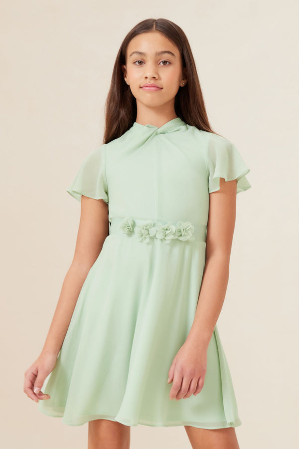 Sage Green Twist Neck Flower Waist Occasion Dress (2-16yrs)