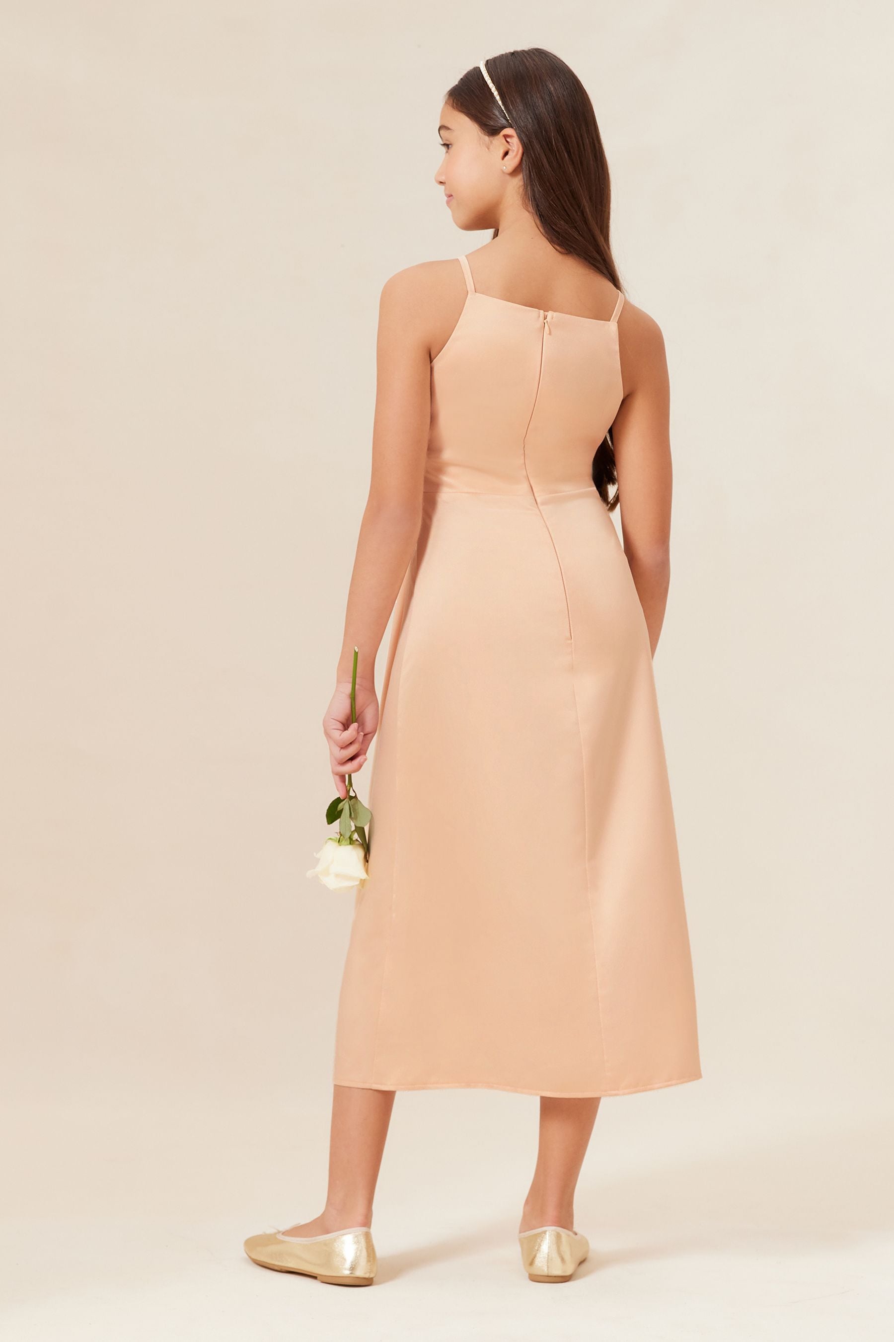 Champagne Gold Pink Strap Maxi Prom Dress